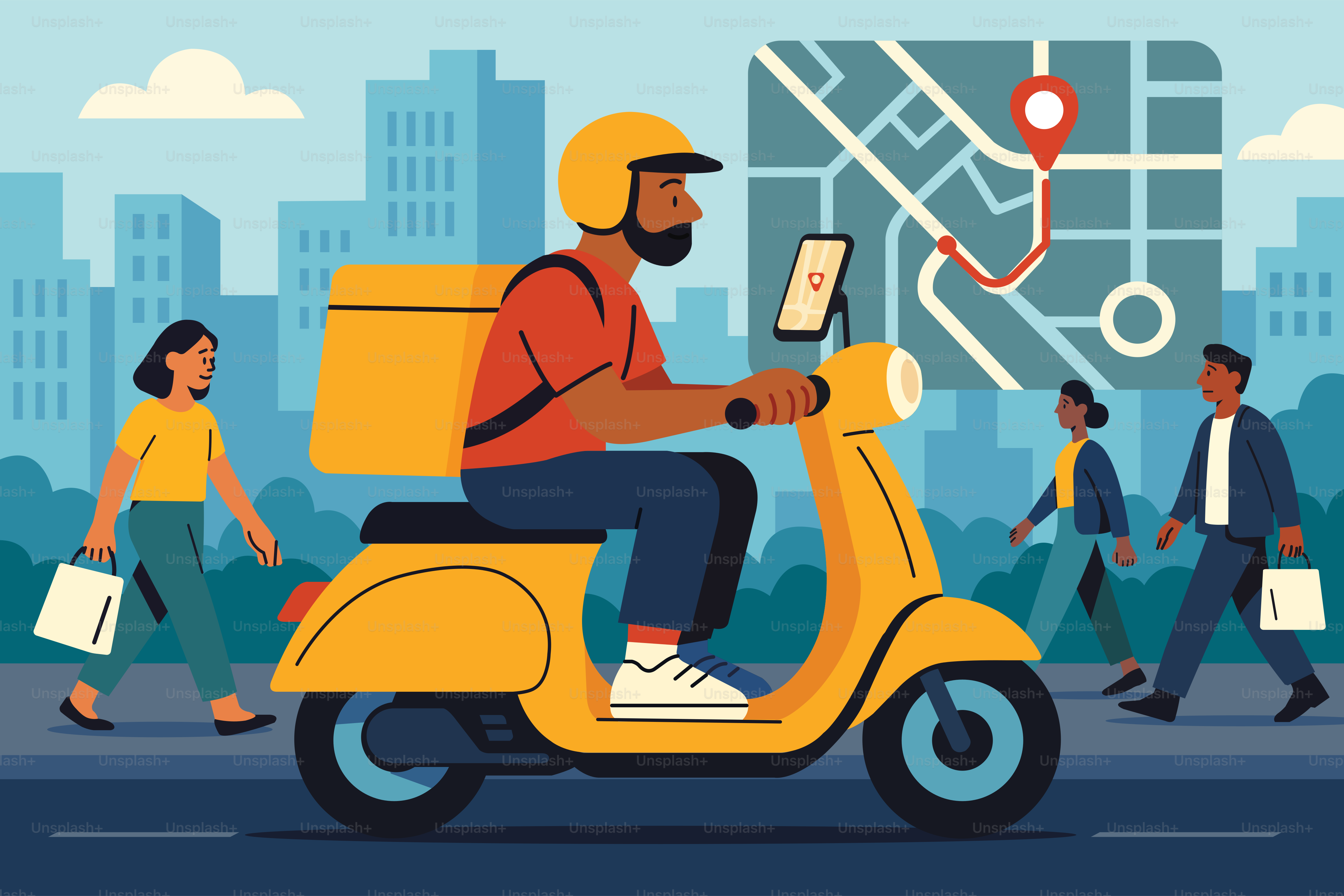Fattorino che guida uno scooter su un'app mobile. vettoriale – Immagine di  Cibo su Unsplash, image size:3000x2001