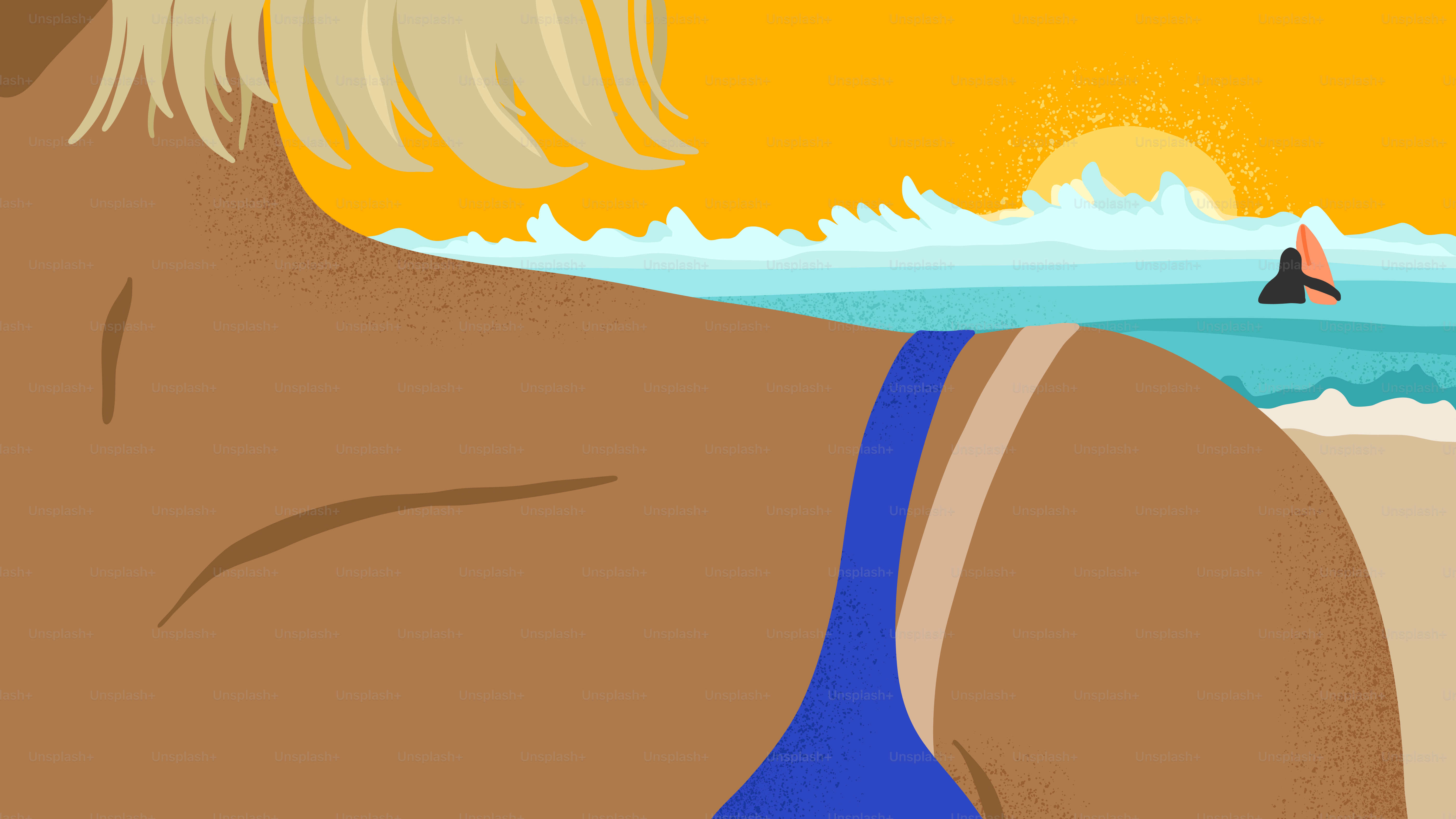 女性が夕焼けのビーチの風景を楽しんでいる。