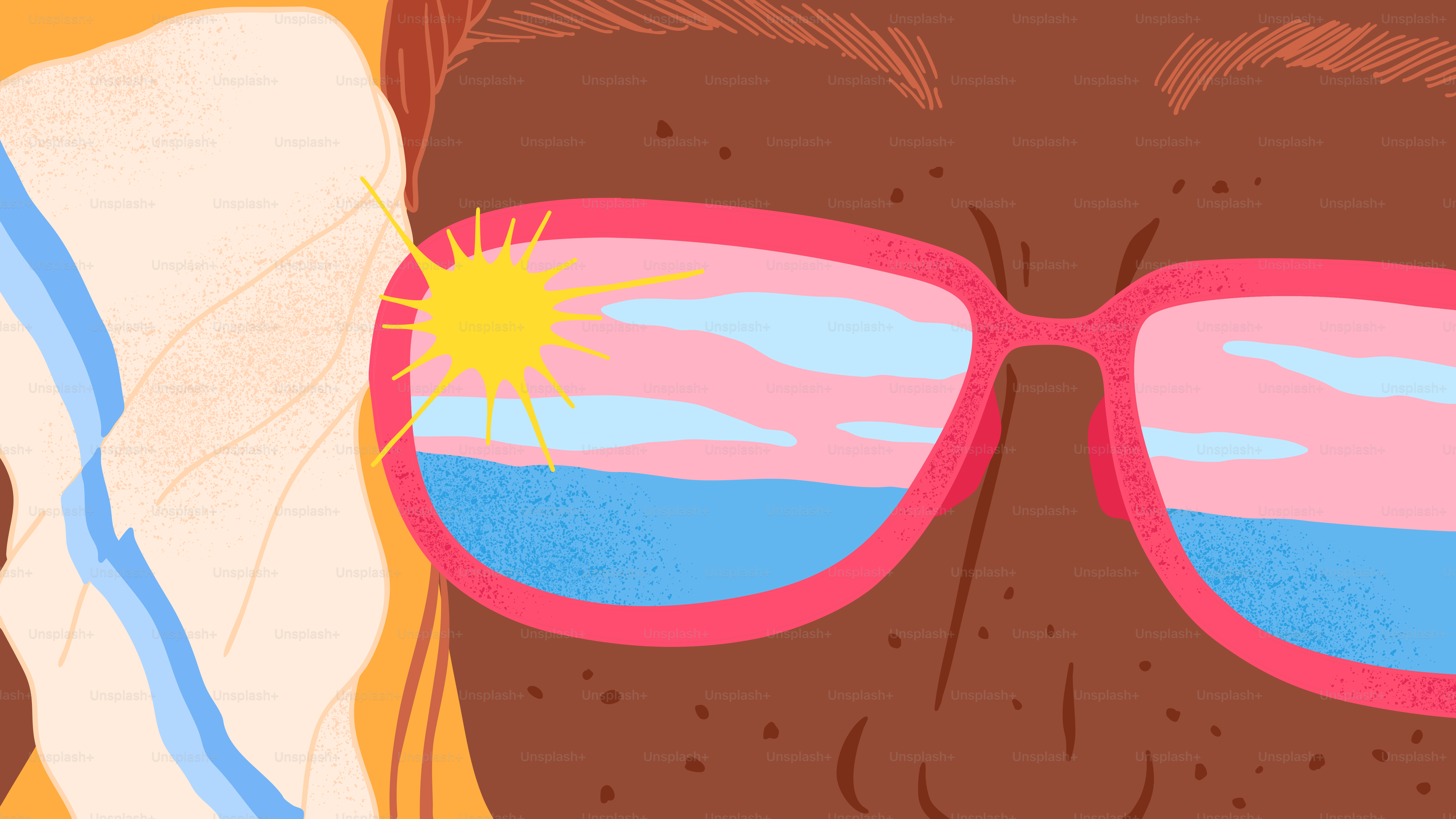 A person is wearing sunglasses with a beach reflected.
