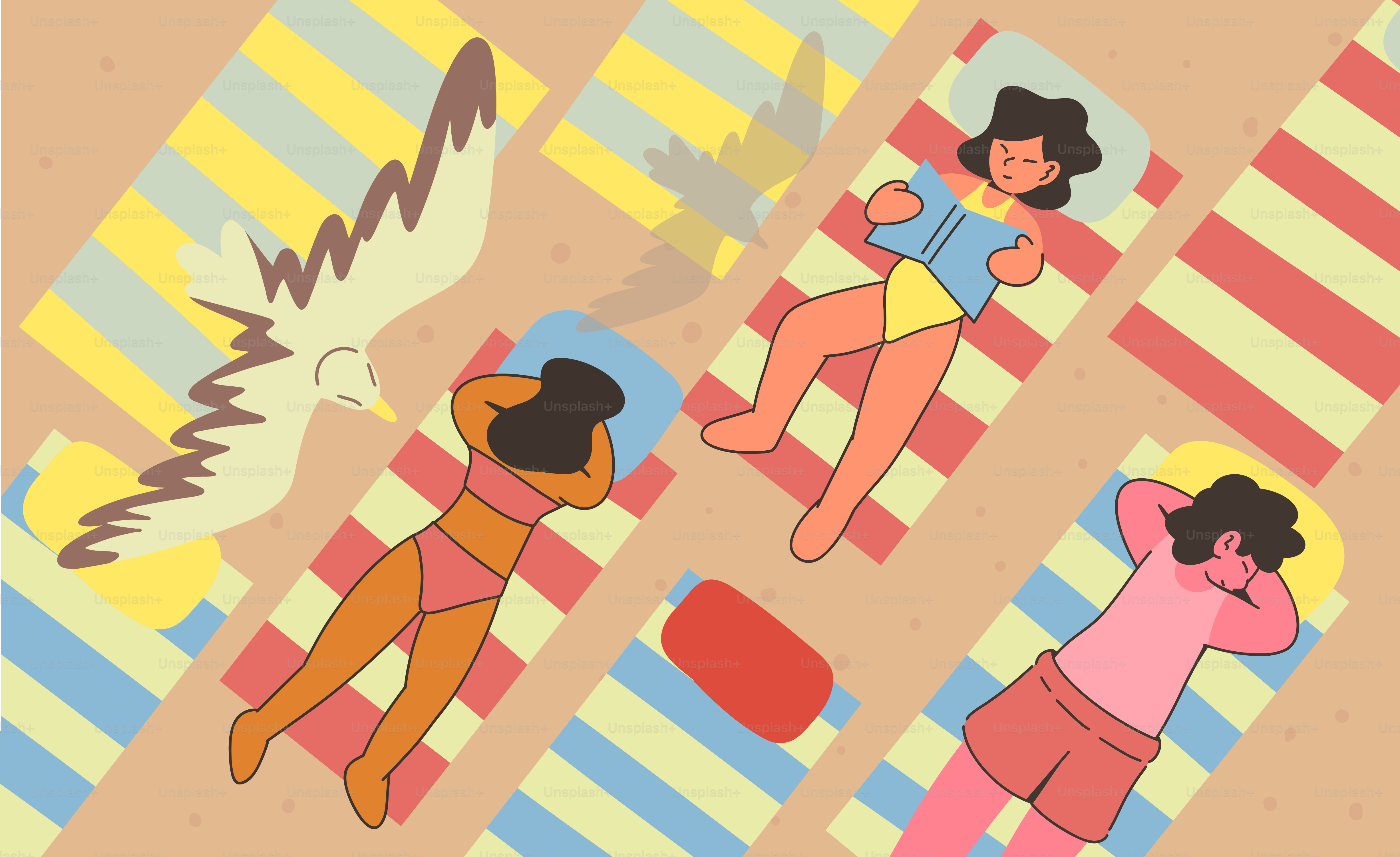 人々はビーチタオルの上で鳥が飛ぶようにリラックスしています。