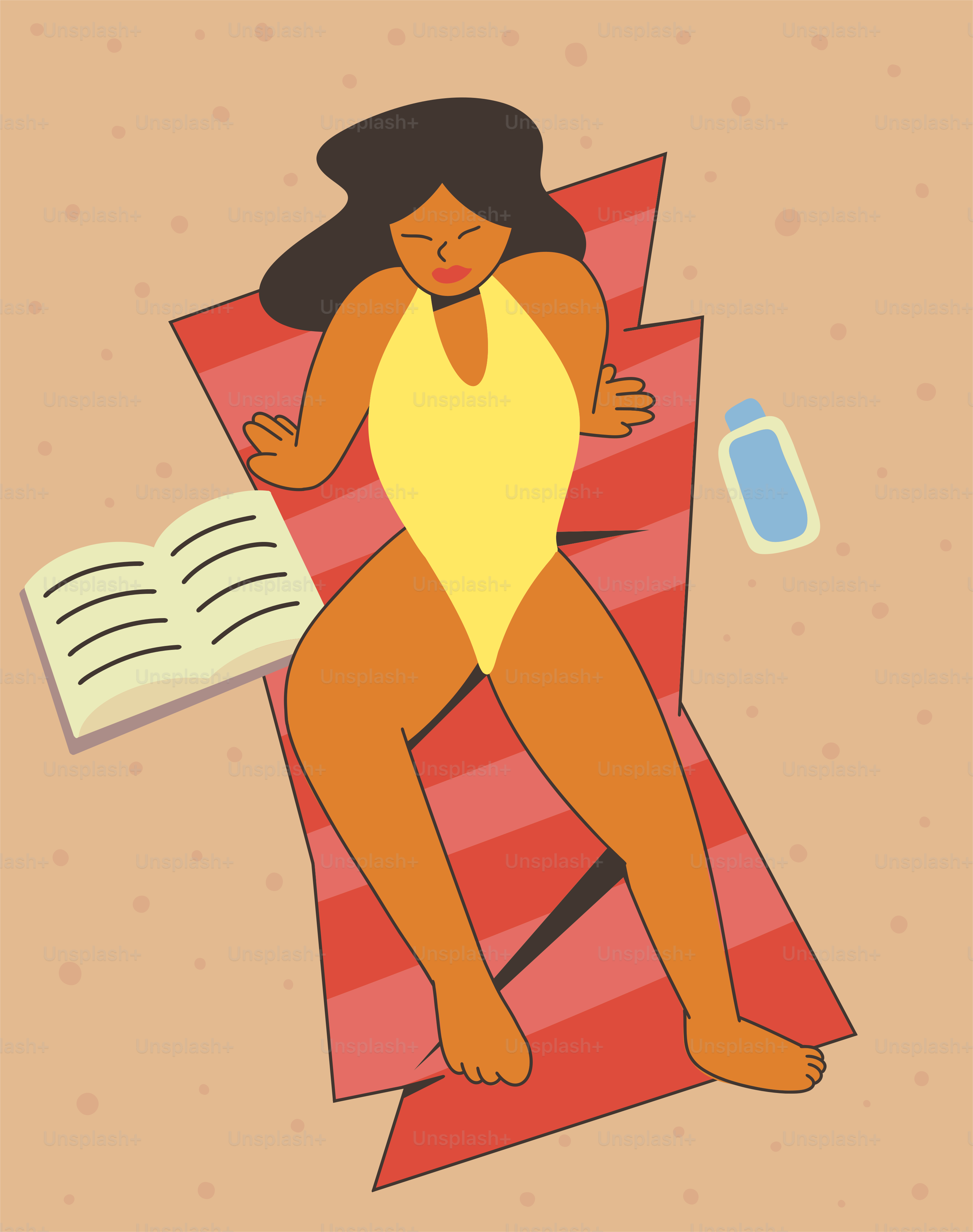 Femme bronzant sur une serviette de plage avec un livre.