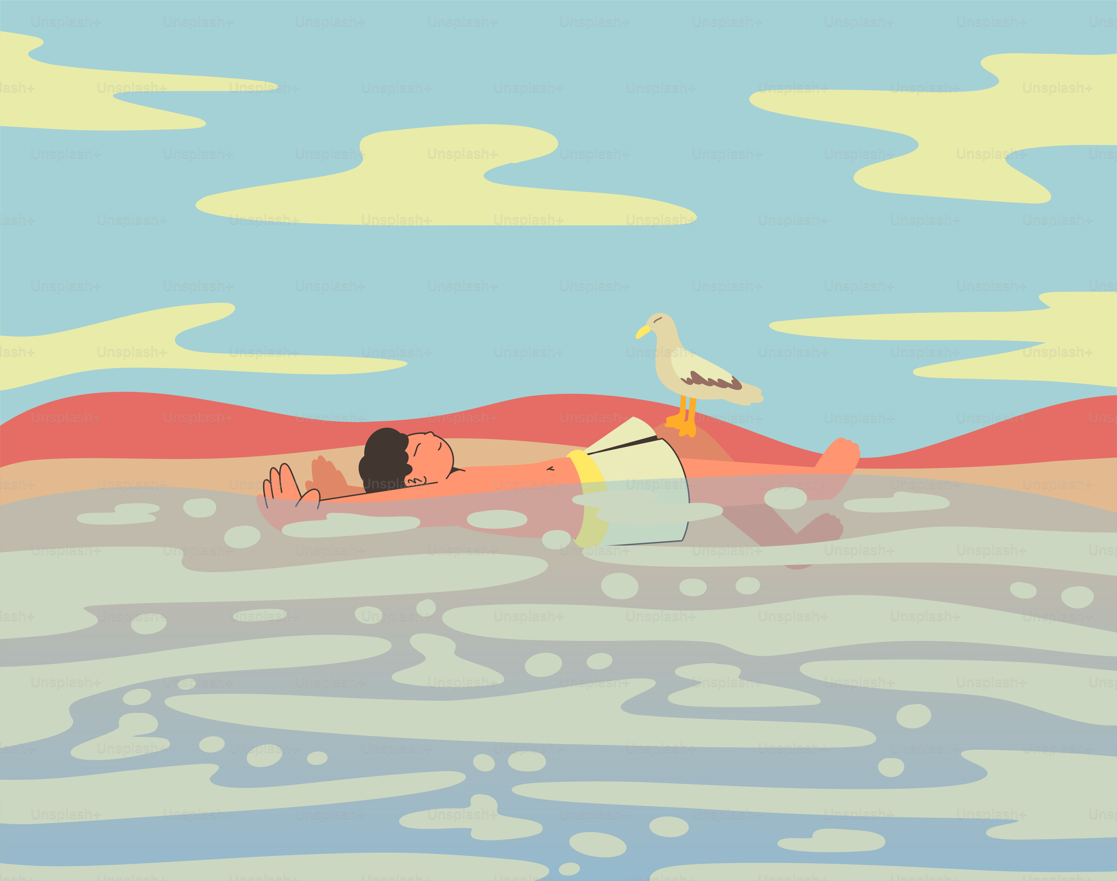 人は鳥と一緒に水に浮かんでいる。