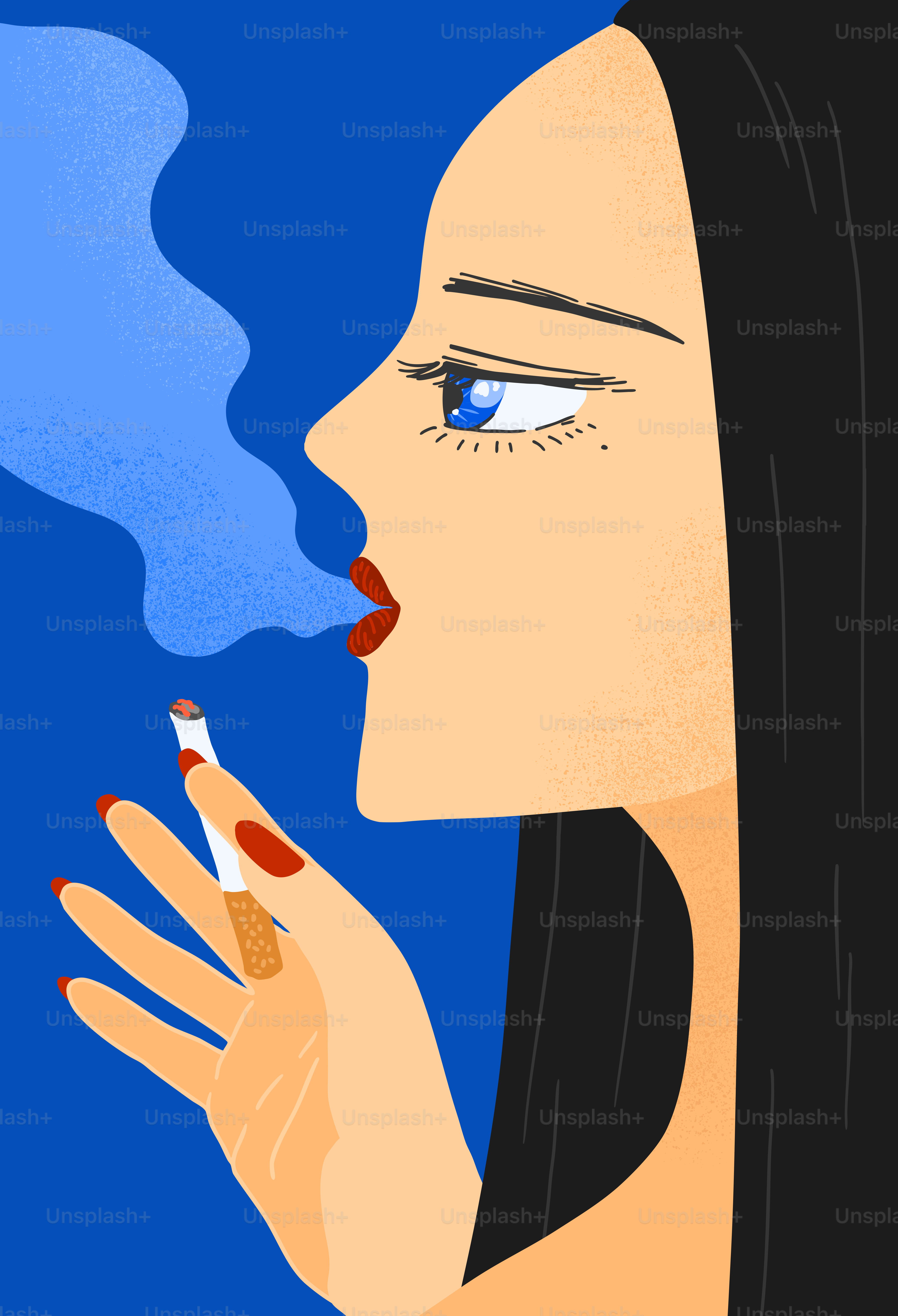 Woman smoking a cigarette with exhaled smoke.