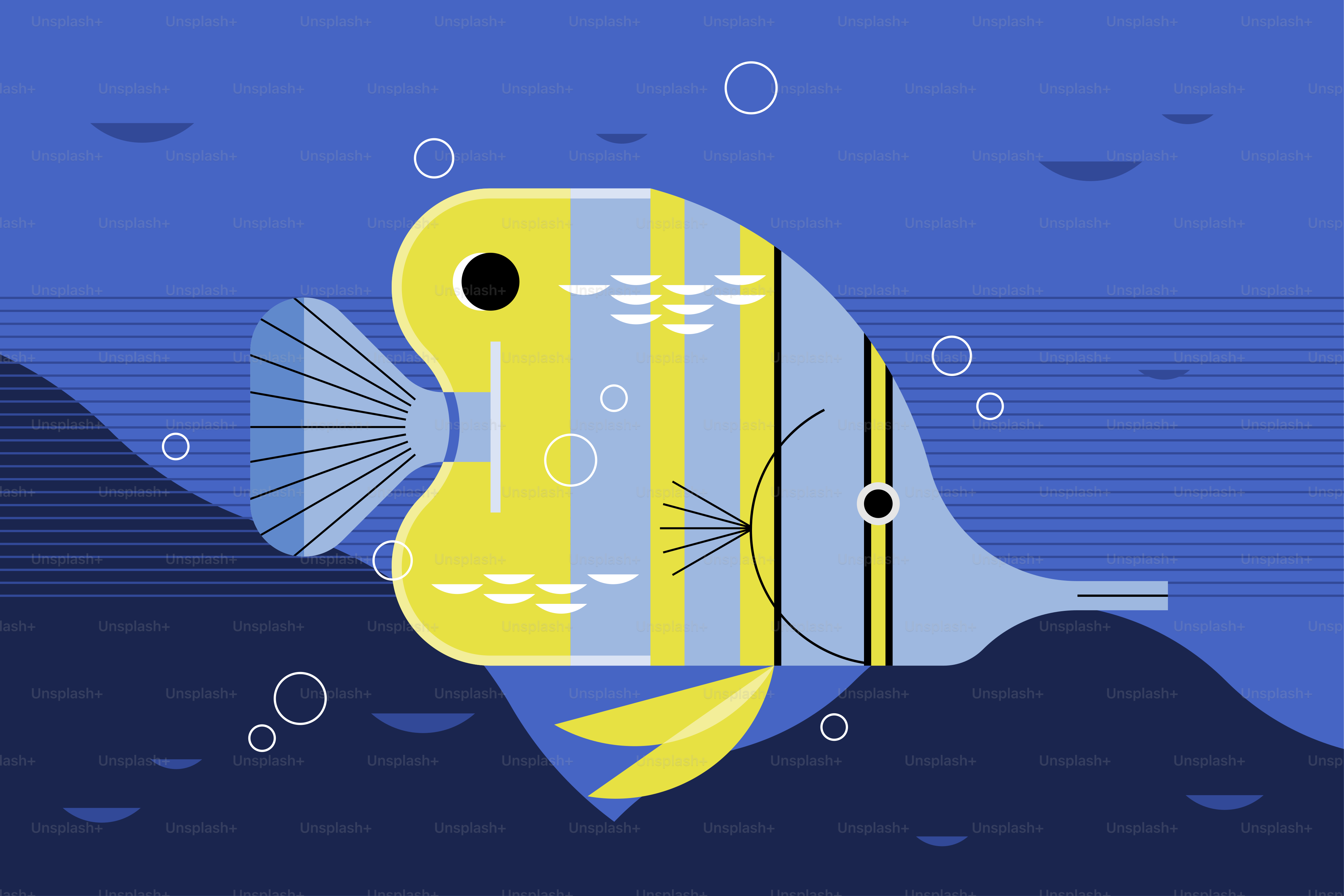 Un pesce stilizzato e colorato nuota nell'oceano.