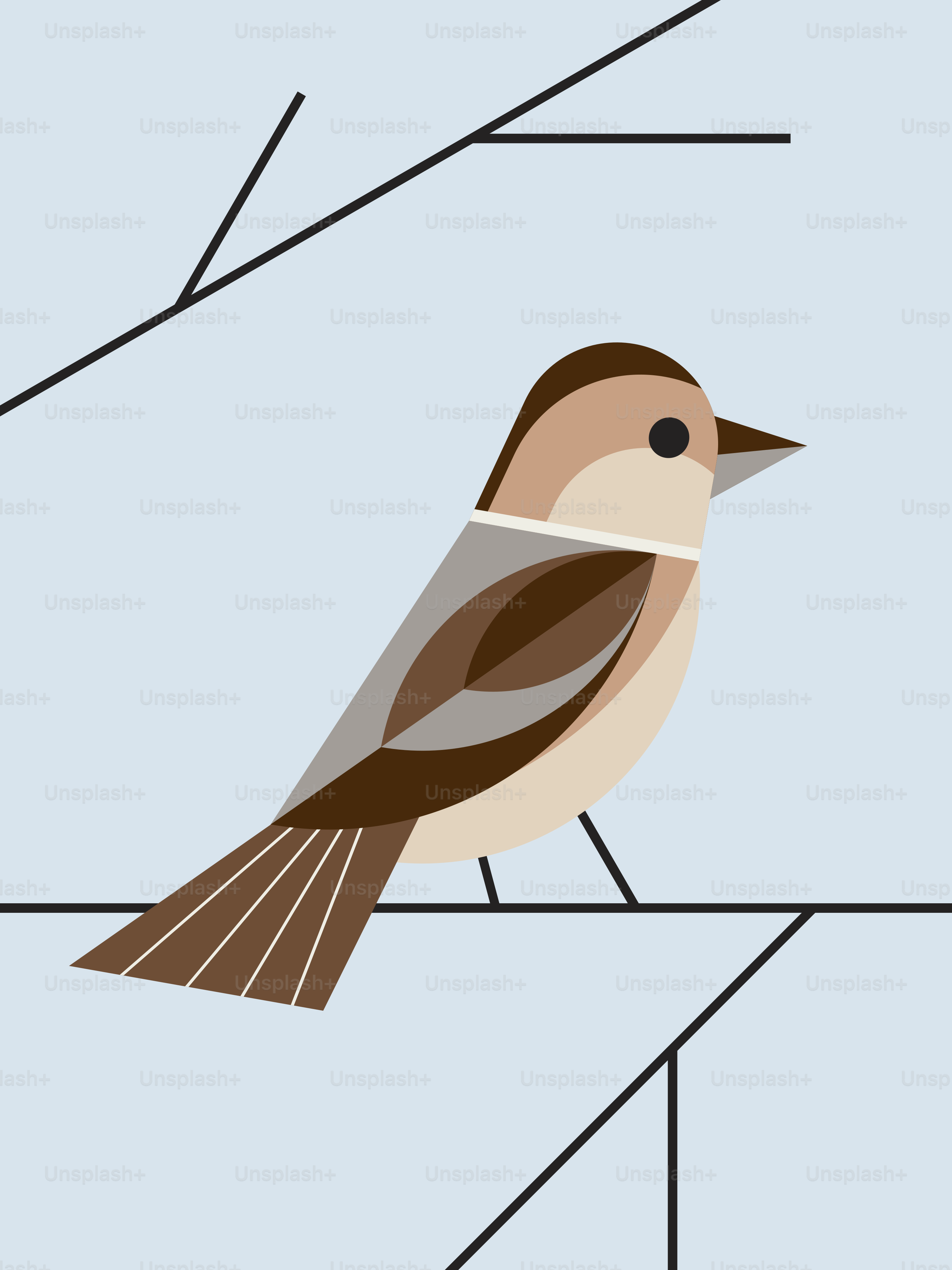 A stylized bird perches on a branch.