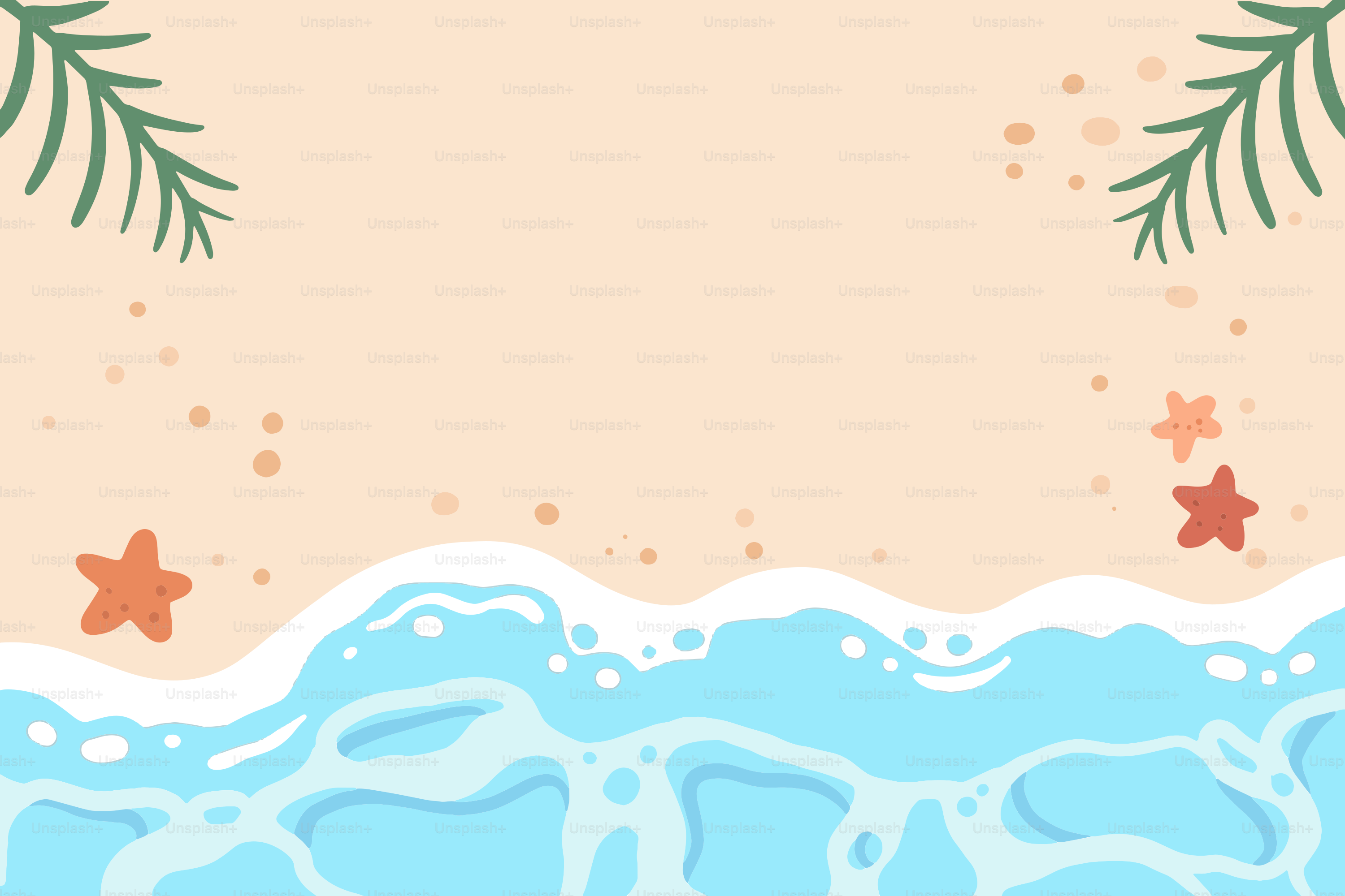 Beach scene with starfish, waves, and foliage.