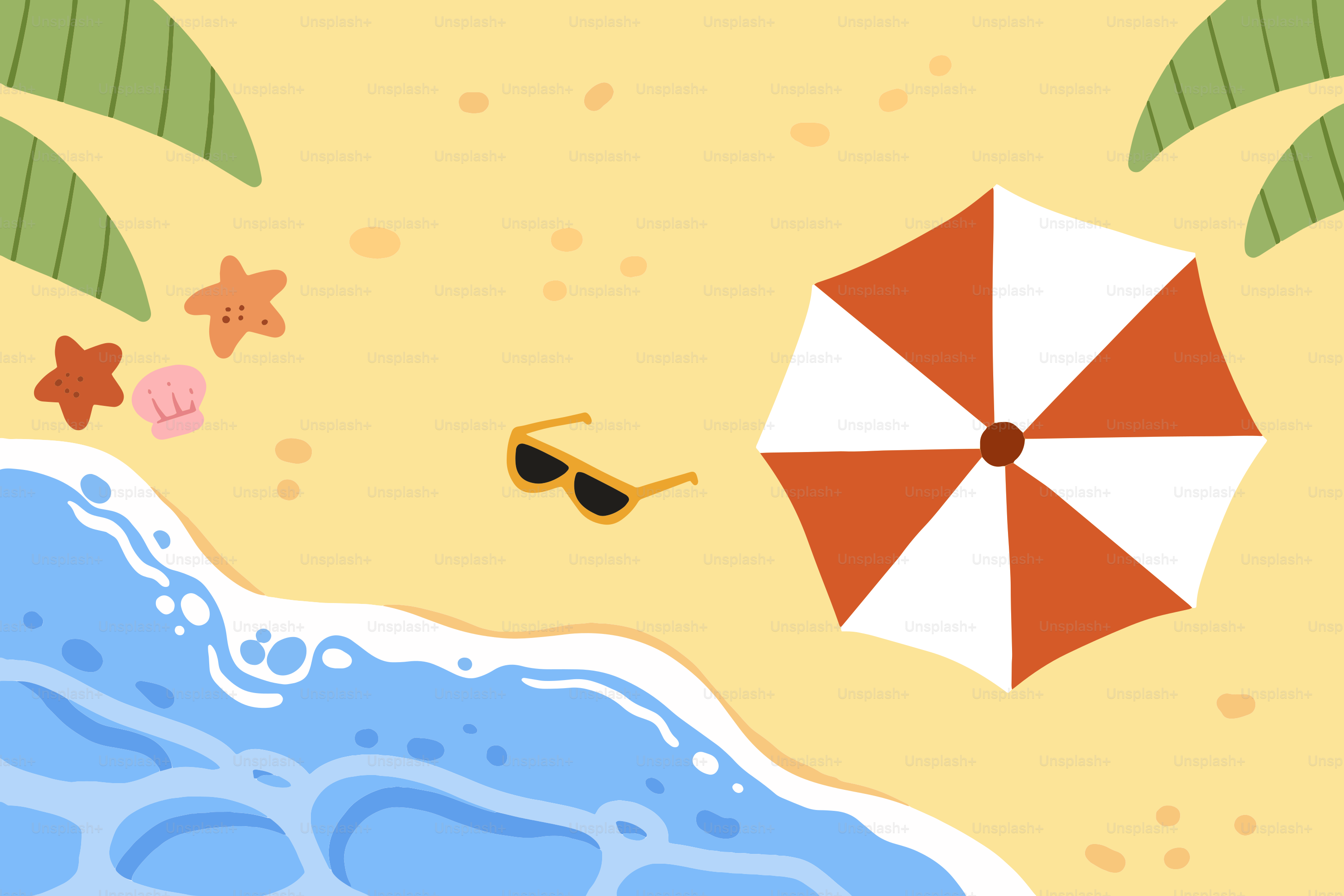 Scène de plage : soleil, sable, vagues et parasol coloré.