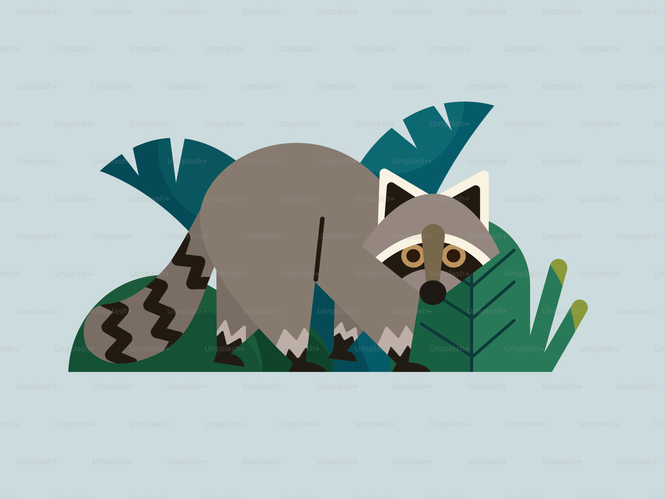 A cartoon raccoon in the bushes