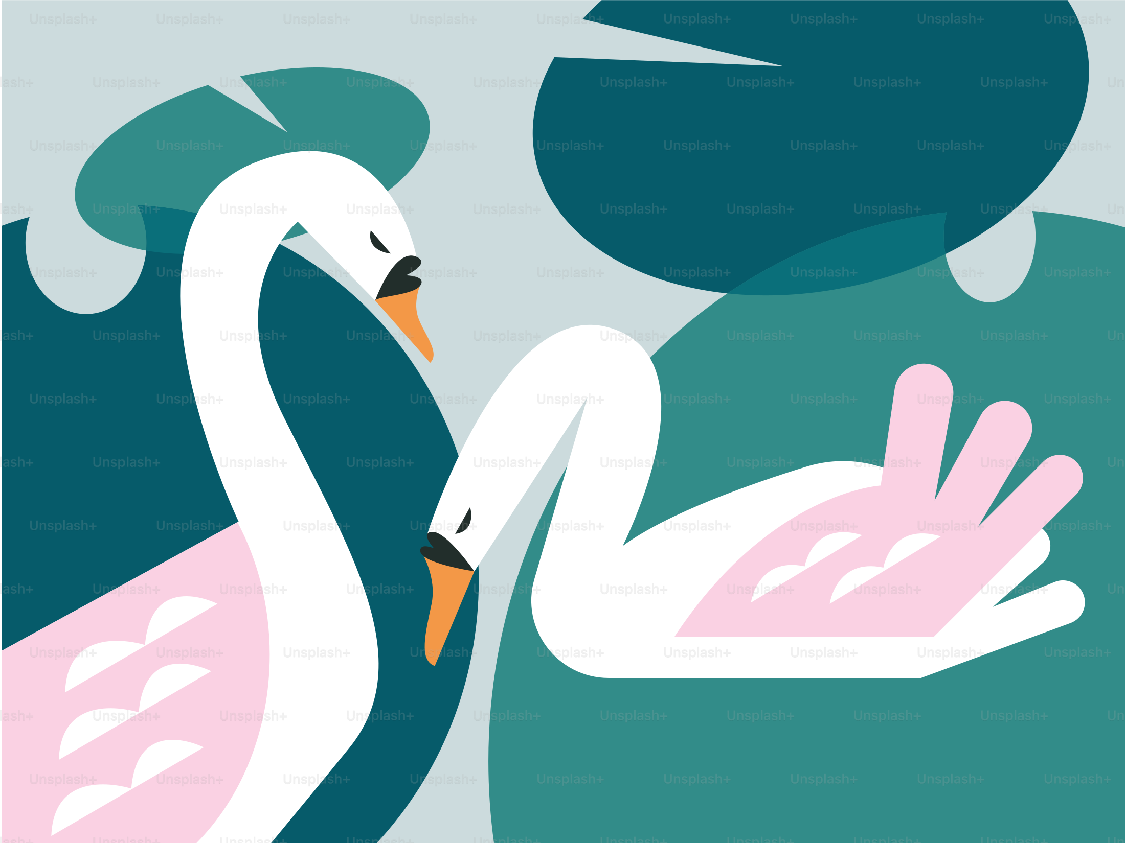 Two swans grace a pond with elegance.