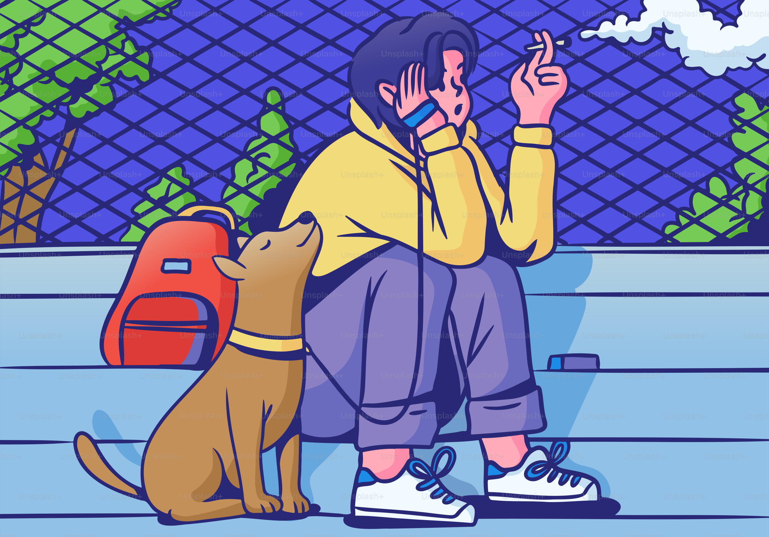 Une personne fume assise avec un chien.