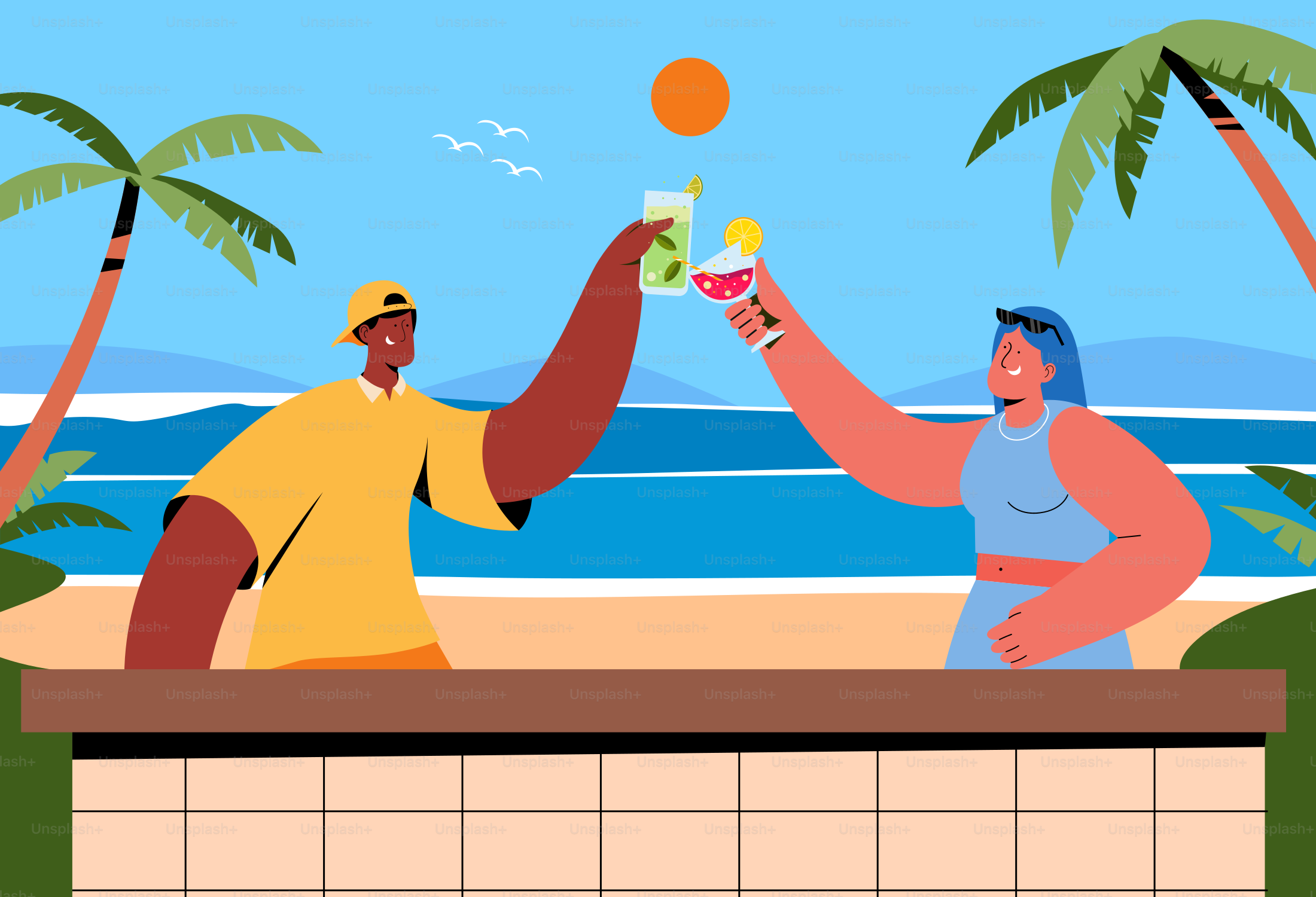 People are toasting cocktails on a tropical beach.