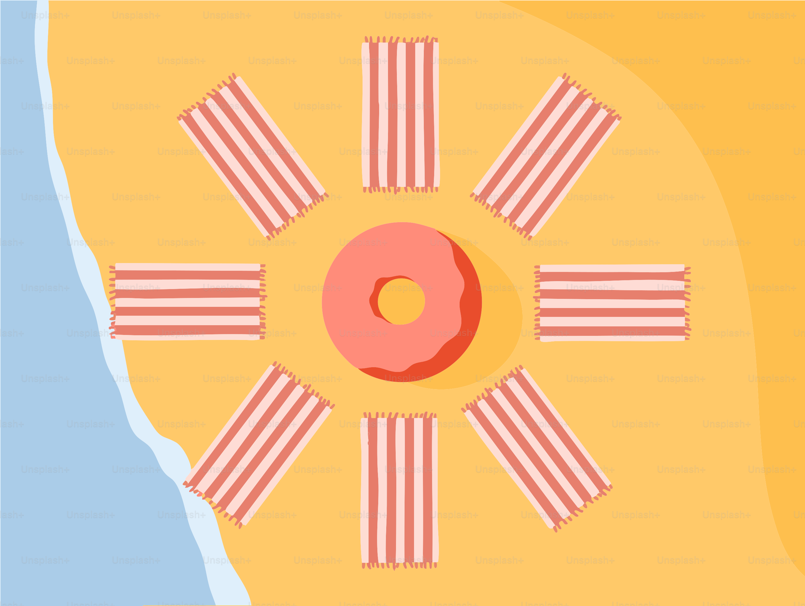 Beach towels surround a donut-shaped float.