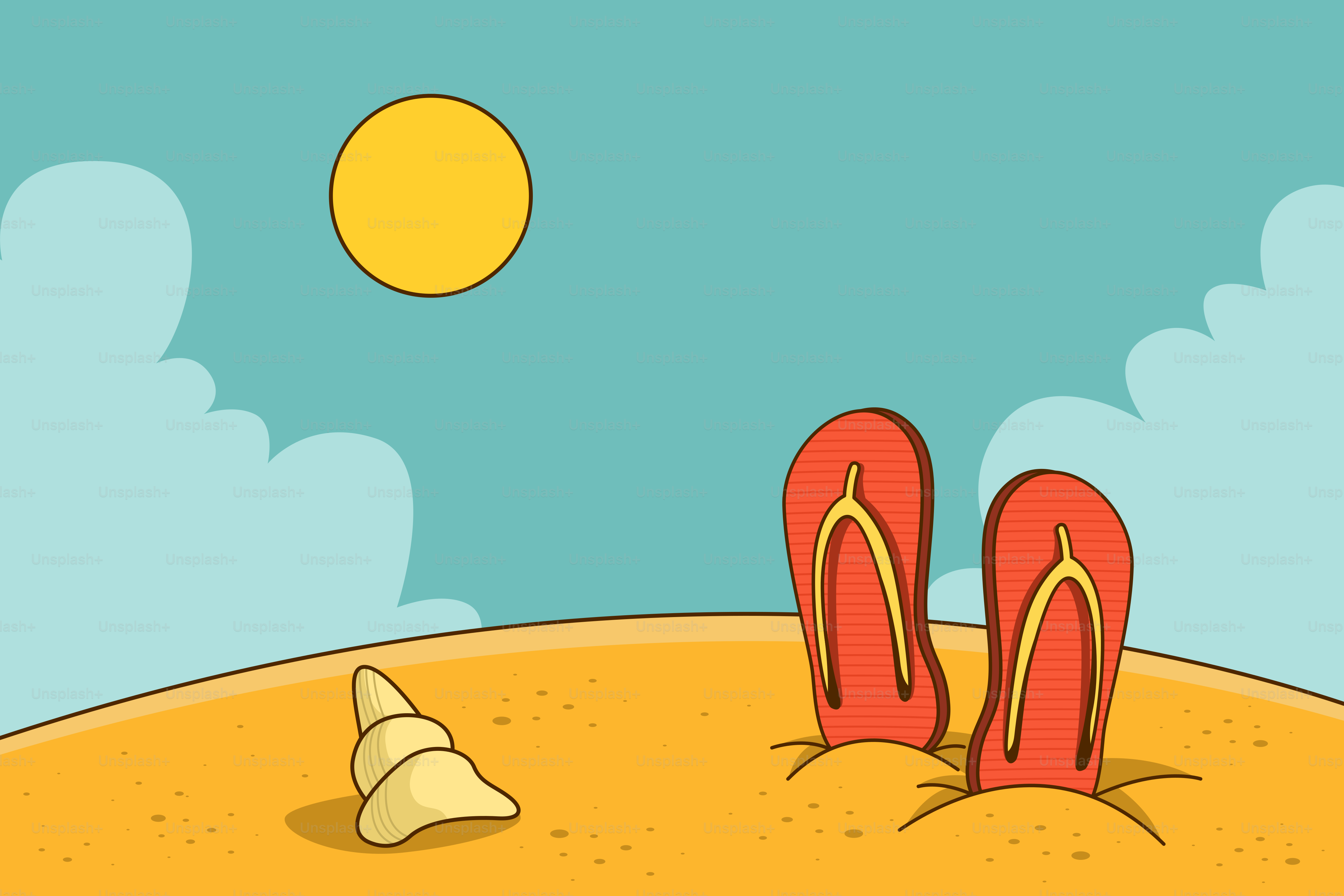 Flip-flops and a seashell sit on a sunny beach.