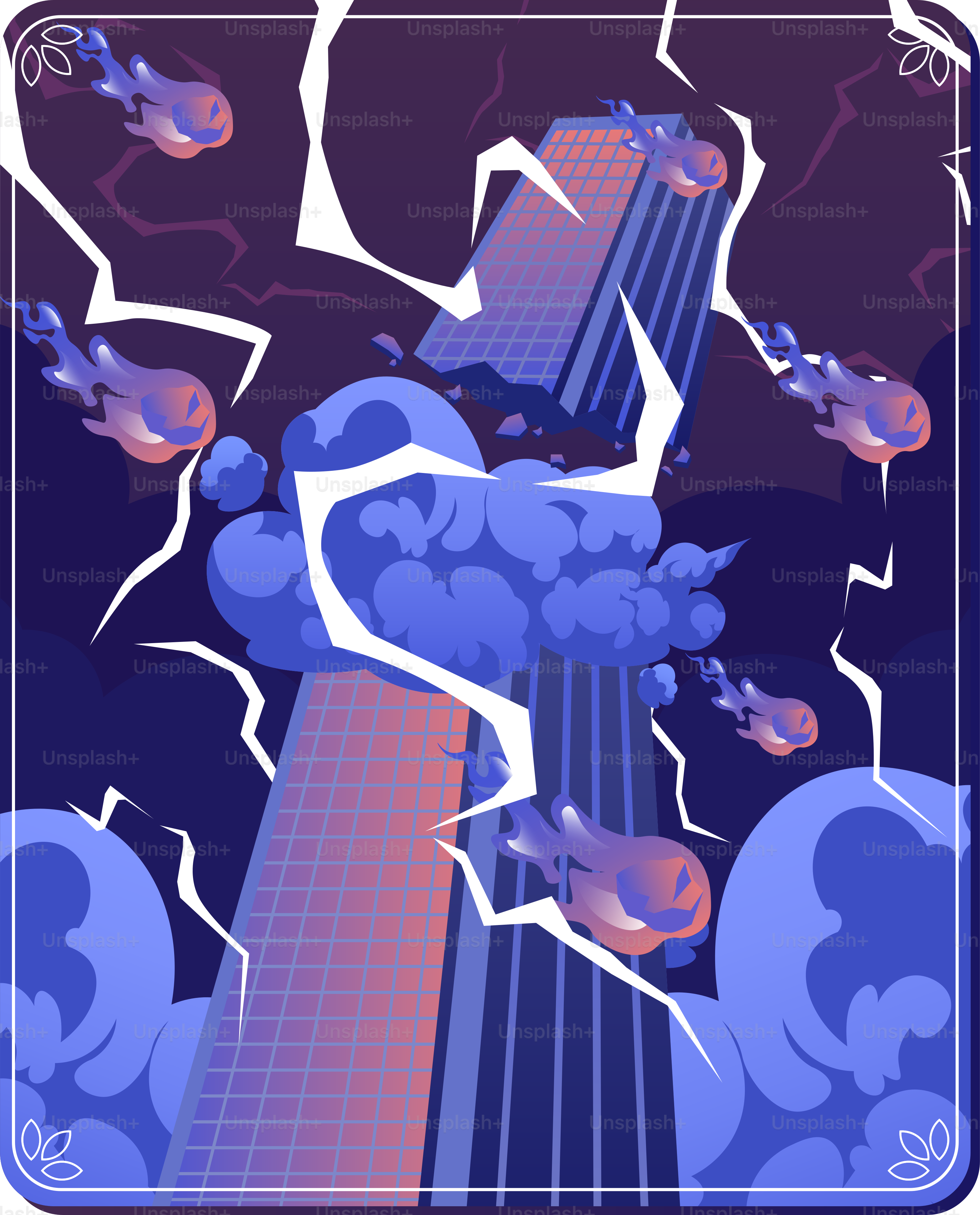 Meteorites rain down on a skyscraper during a storm.