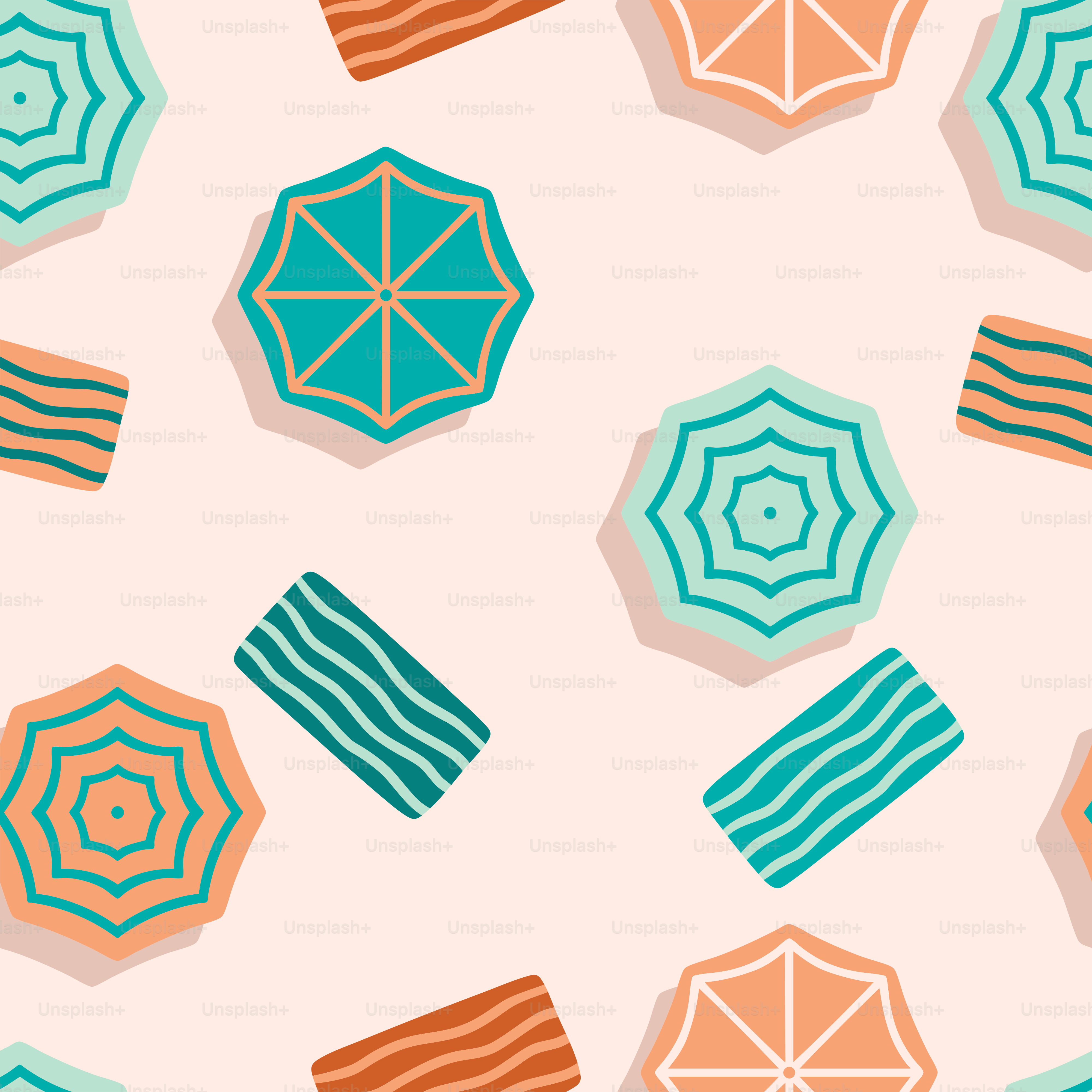 Beach umbrellas and towels create a repeating pattern.