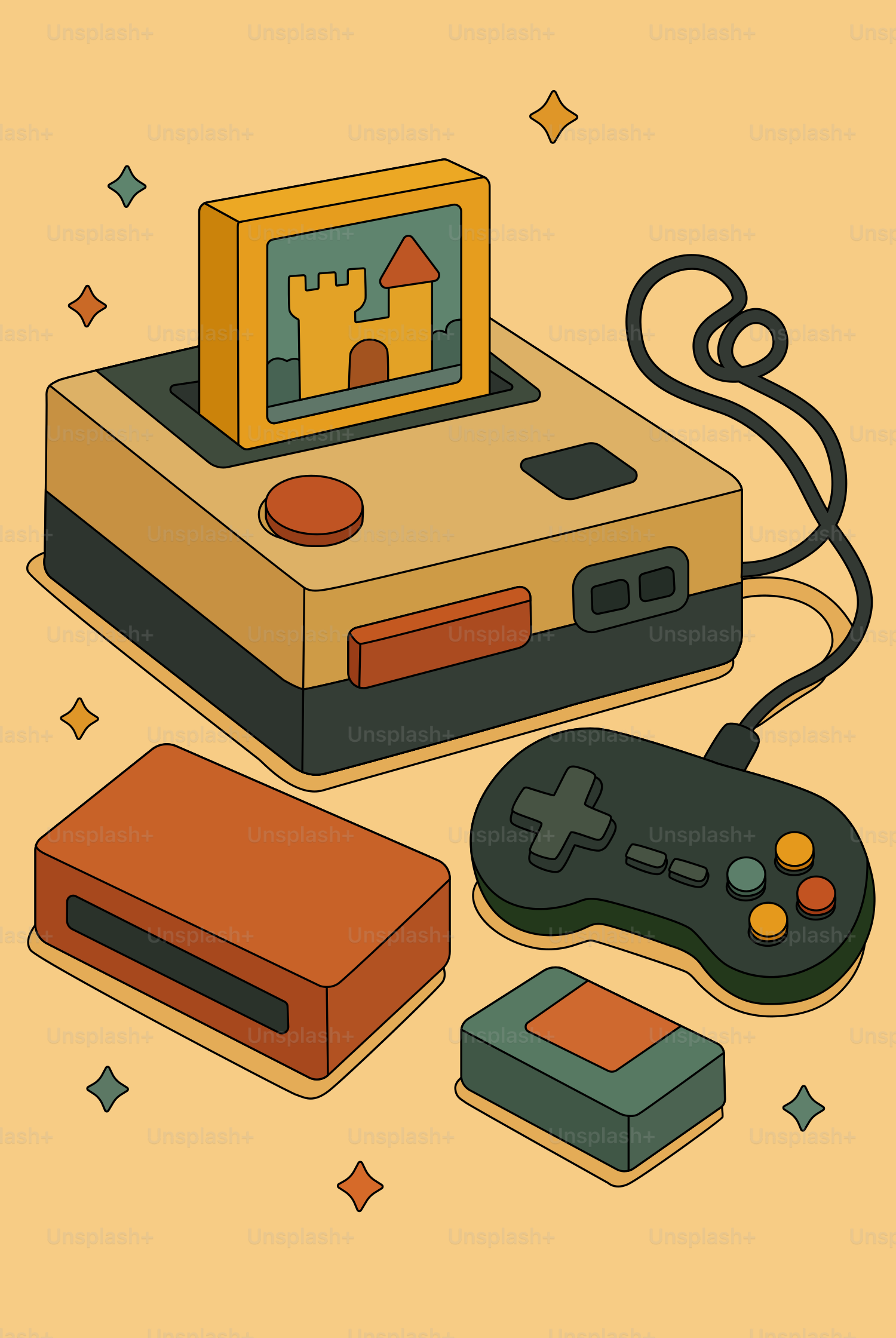 Retro gaming console and accessories are depicted.
