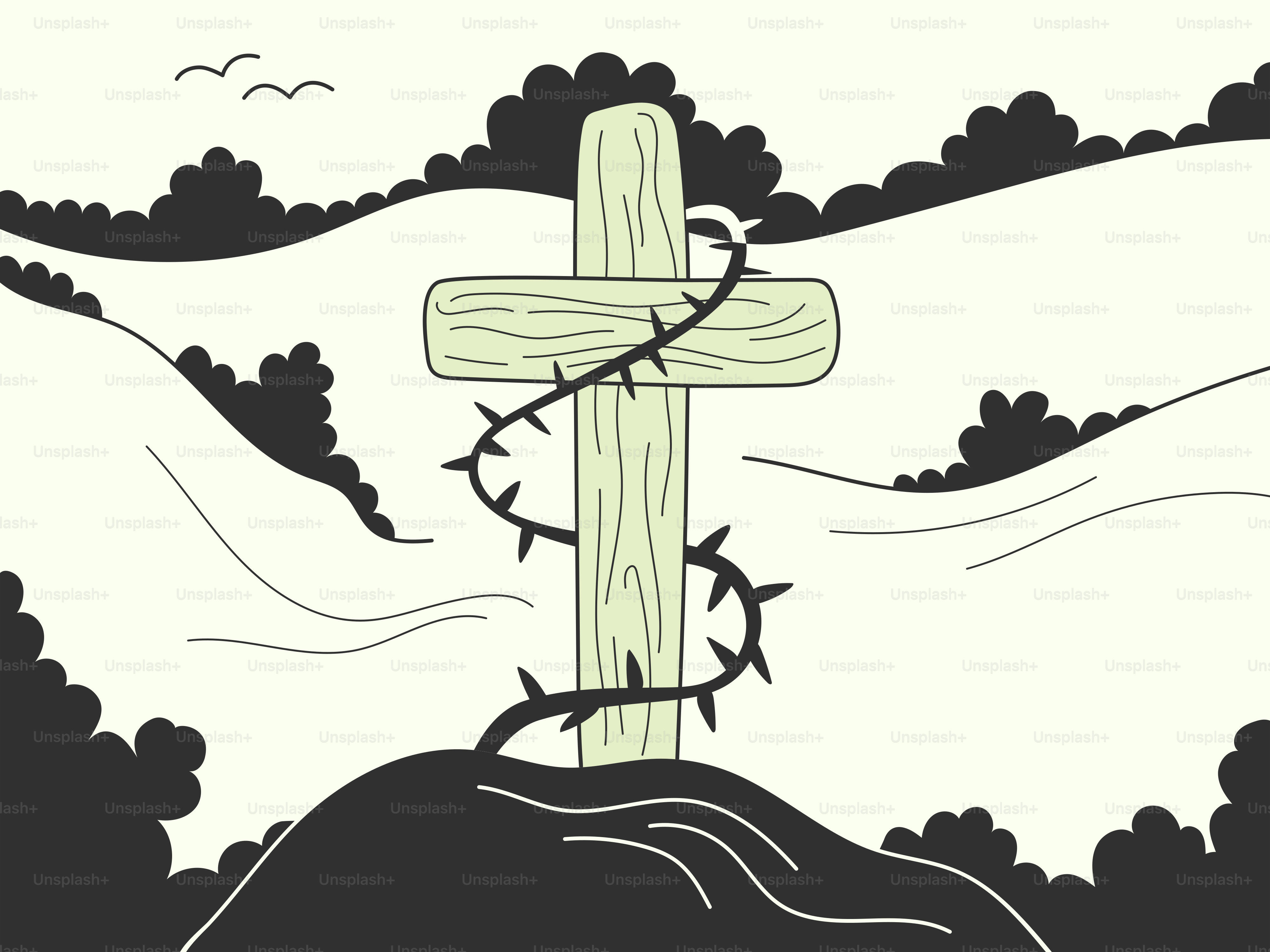 Uma cruz com espinhos está em uma colina.