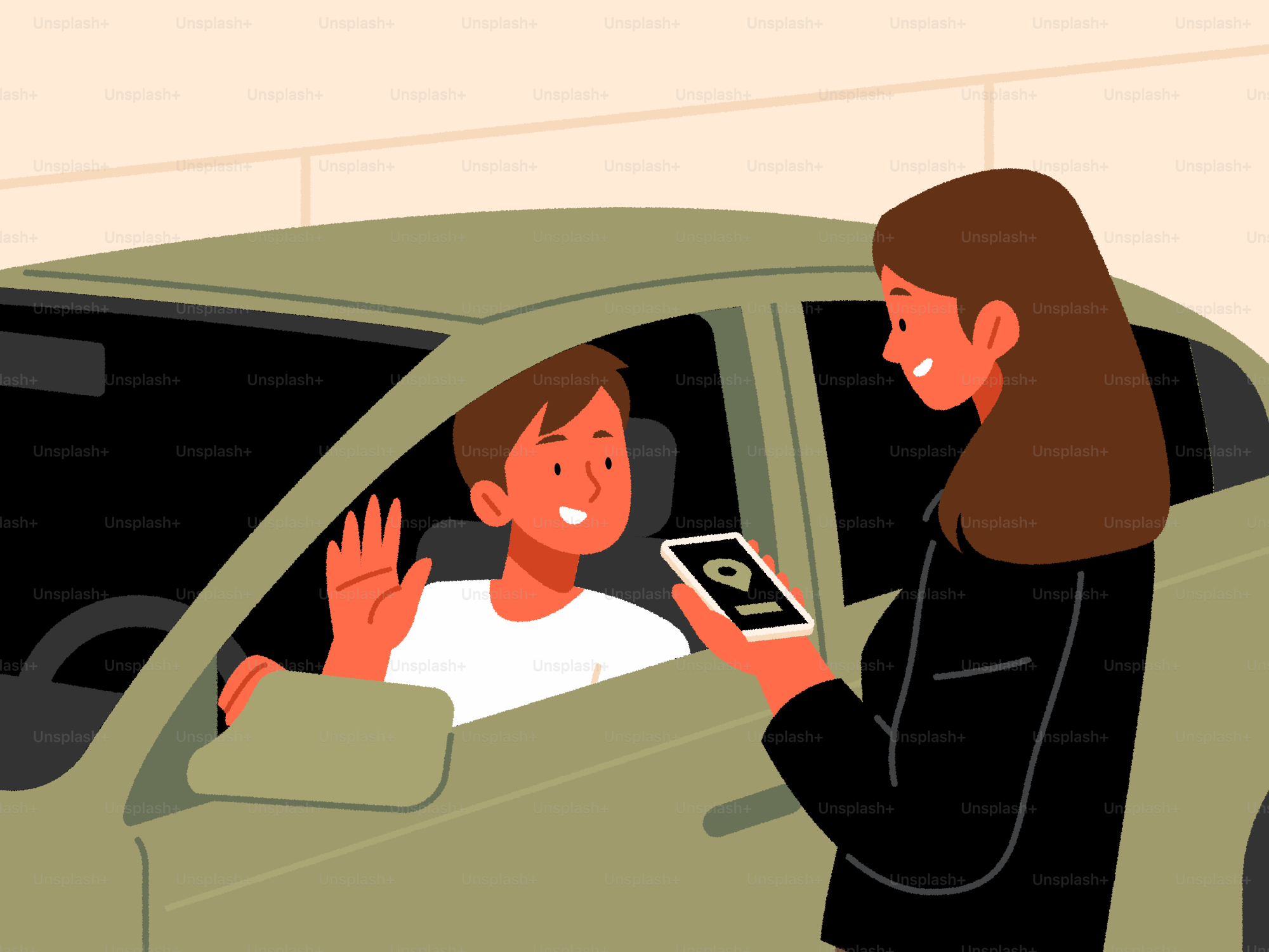 Una donna usa un telefono per andare a prendere un bambino.