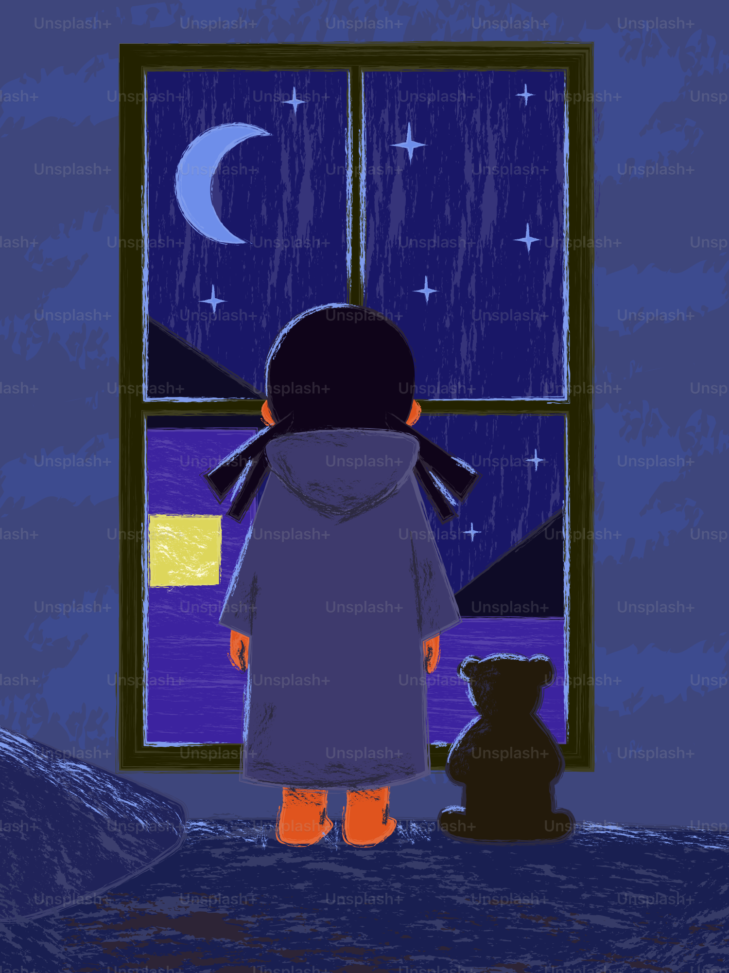 한 소녀가 창밖의 밤하늘을 바라본다.