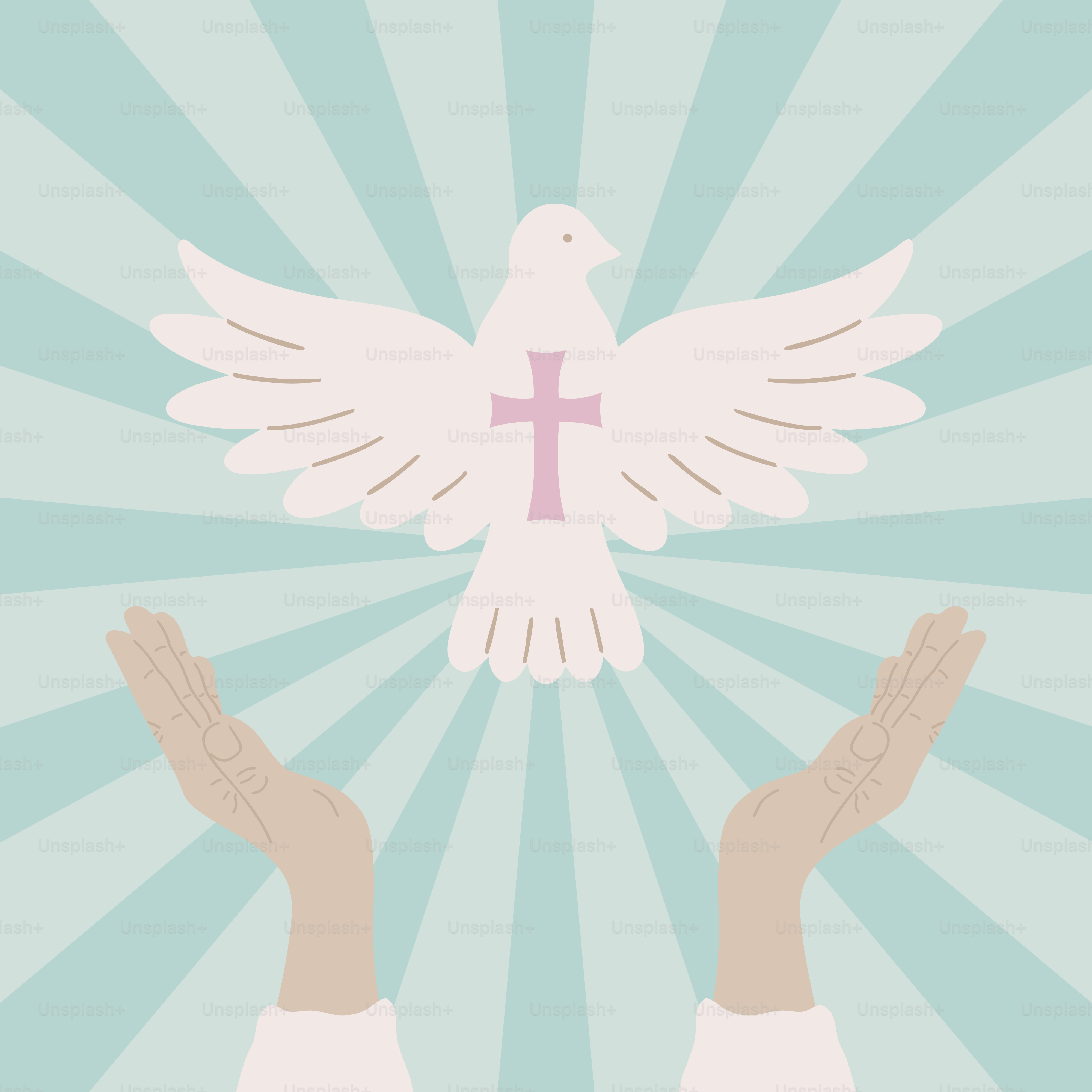 Uma pomba com uma cruz acima das mãos abertas.