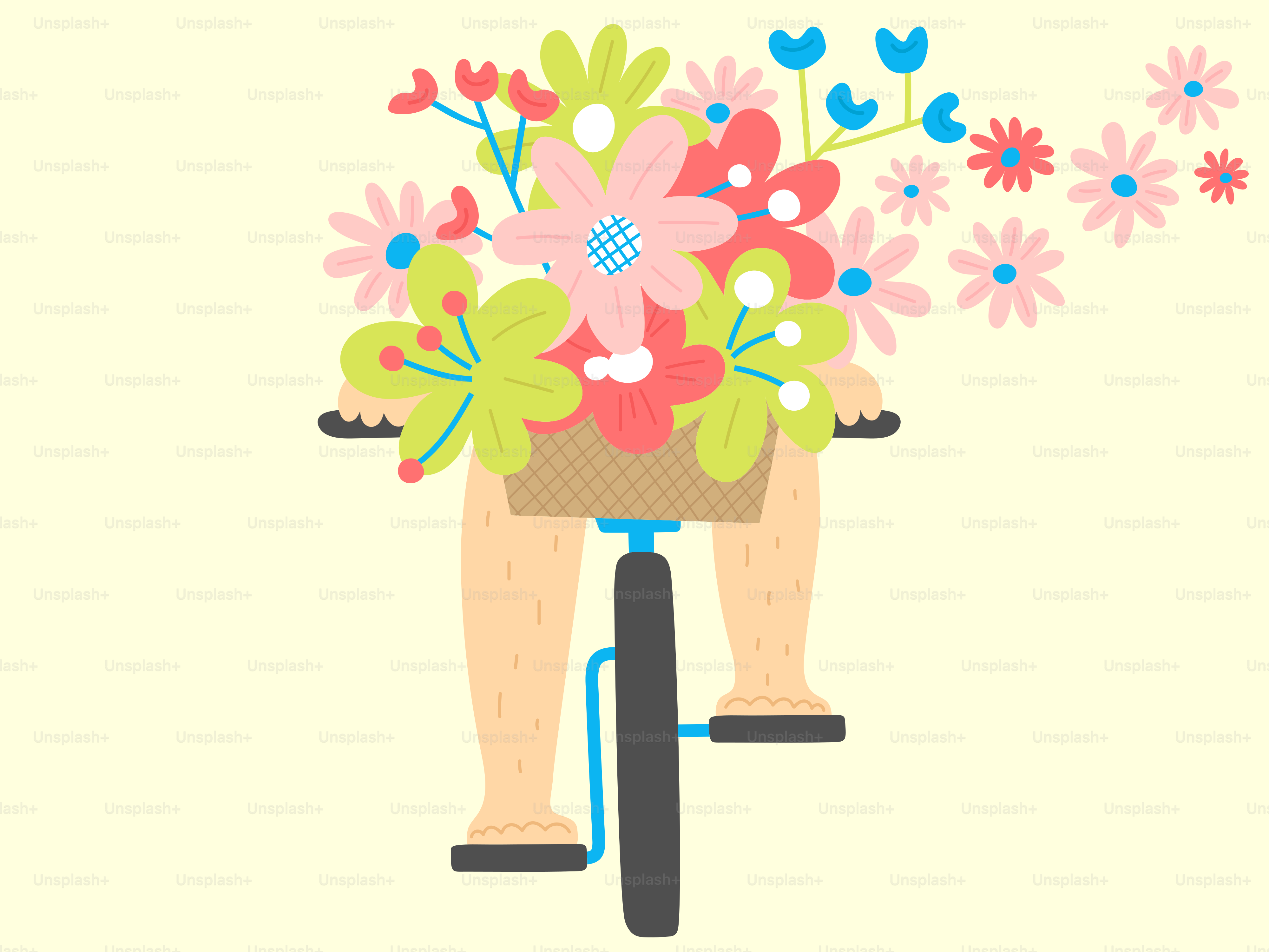 A bicycle is carrying a basket full of flowers.
