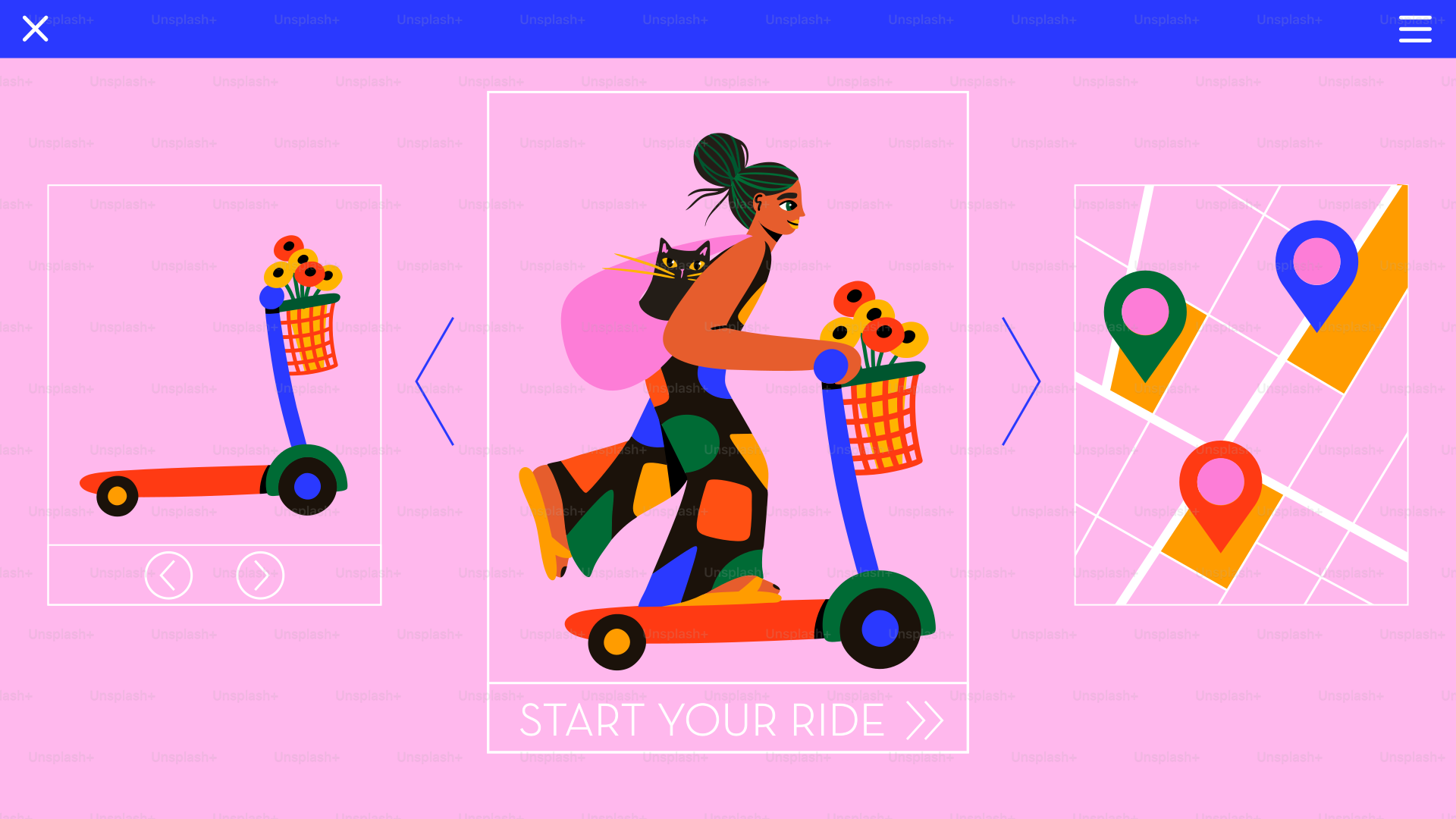 Una mujer monta una patinete con flores.