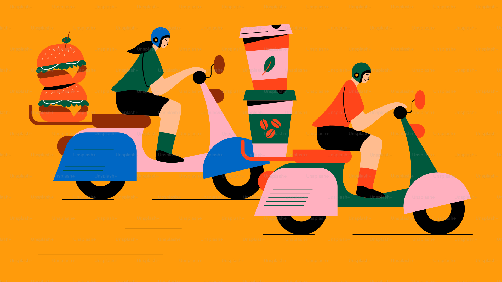 Lieferfahrer fahren Roller mit Essen und Kaffee.