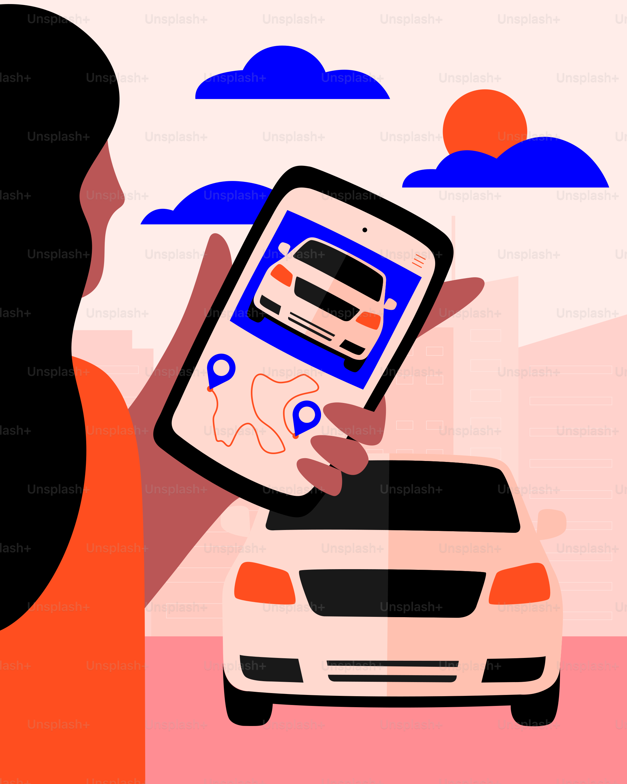 Frau benutzt die App, um eine Mitfahrgelegenheit zu bestellen. Vektor –  Bild zum Thema Auto auf Unsplash, image size:3000x3750