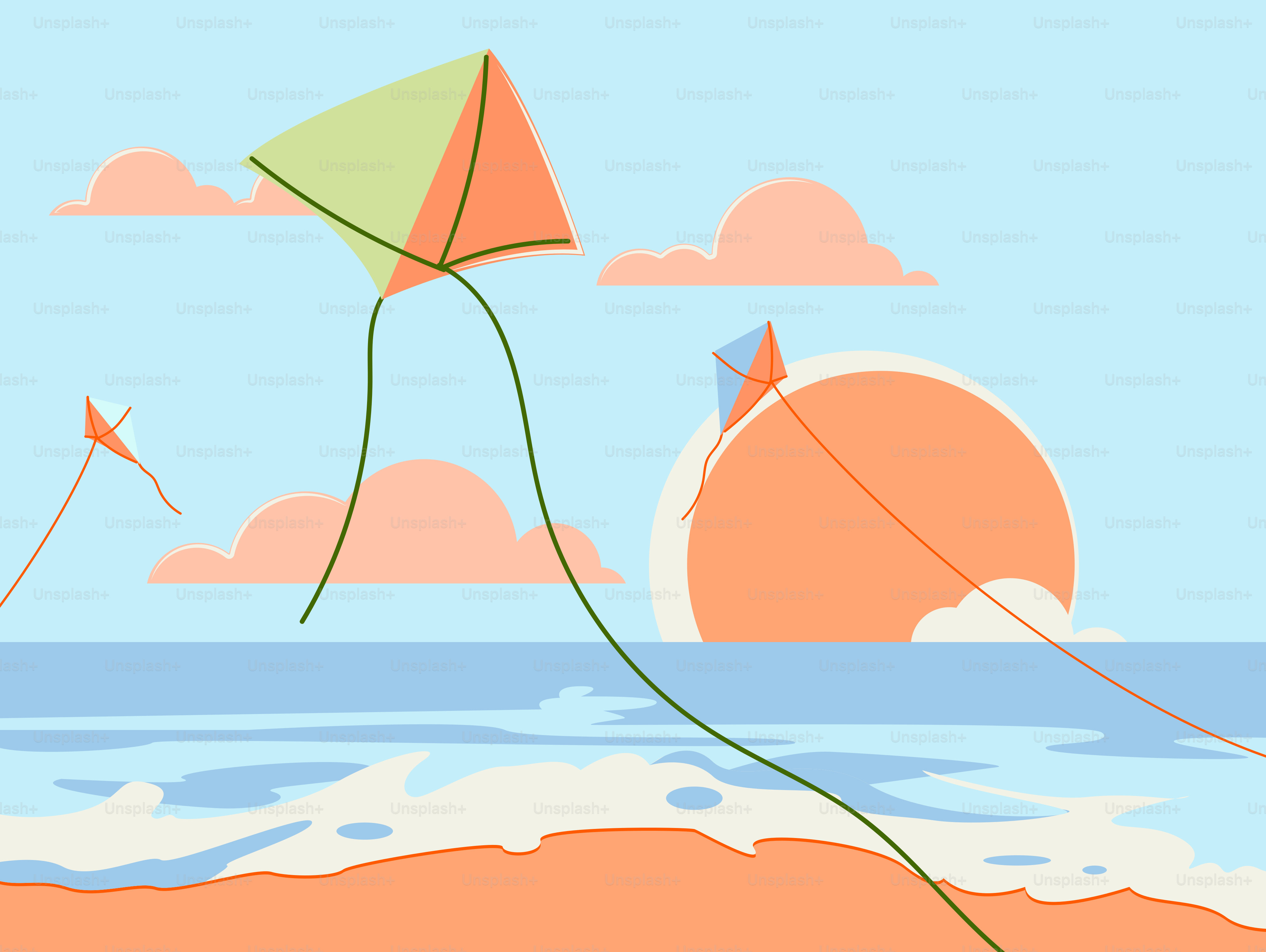 Drachen schweben über einer sonnigen Strandszenerie.