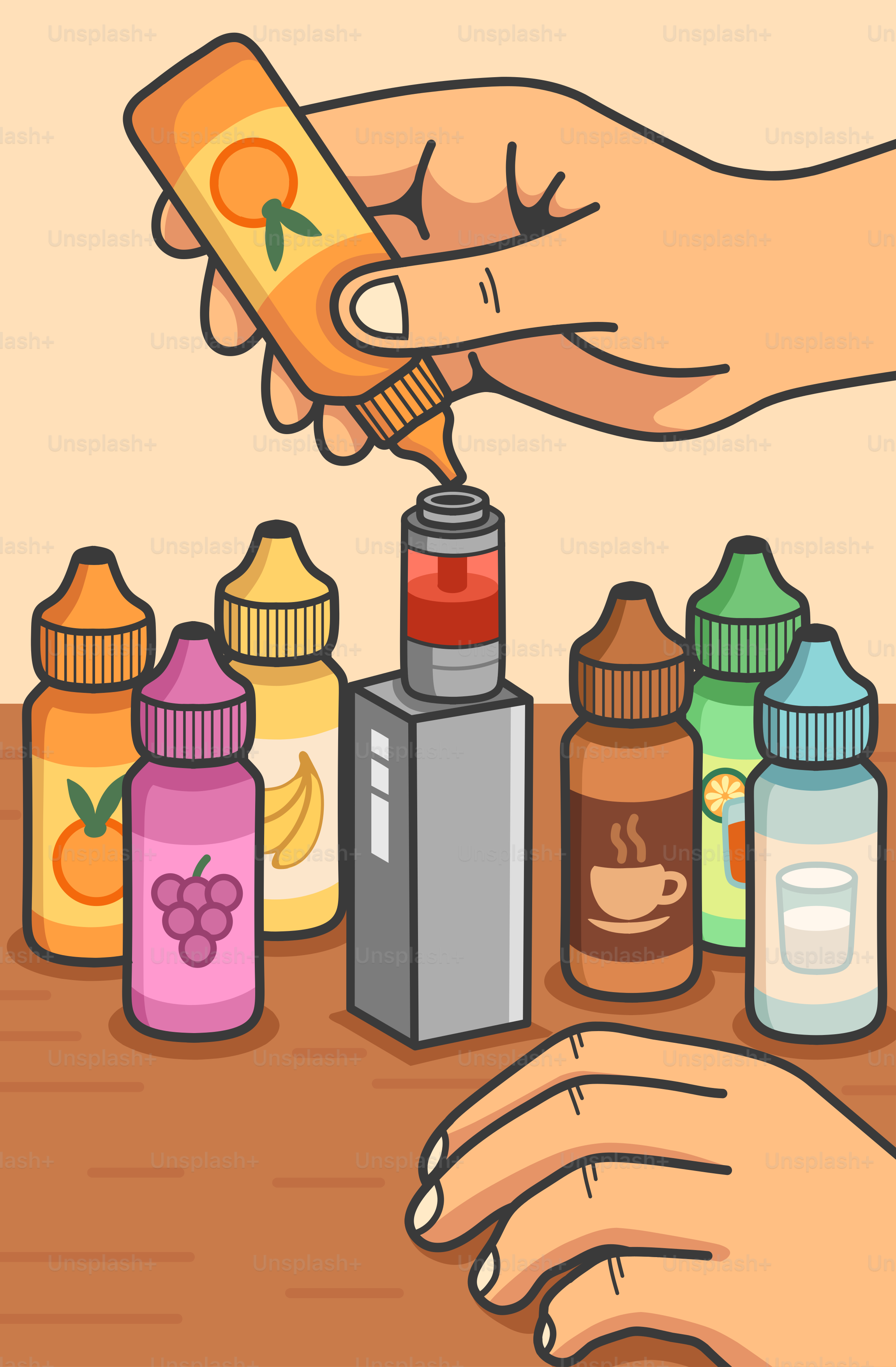 Someone is refilling a vape with fruit-flavored liquid.