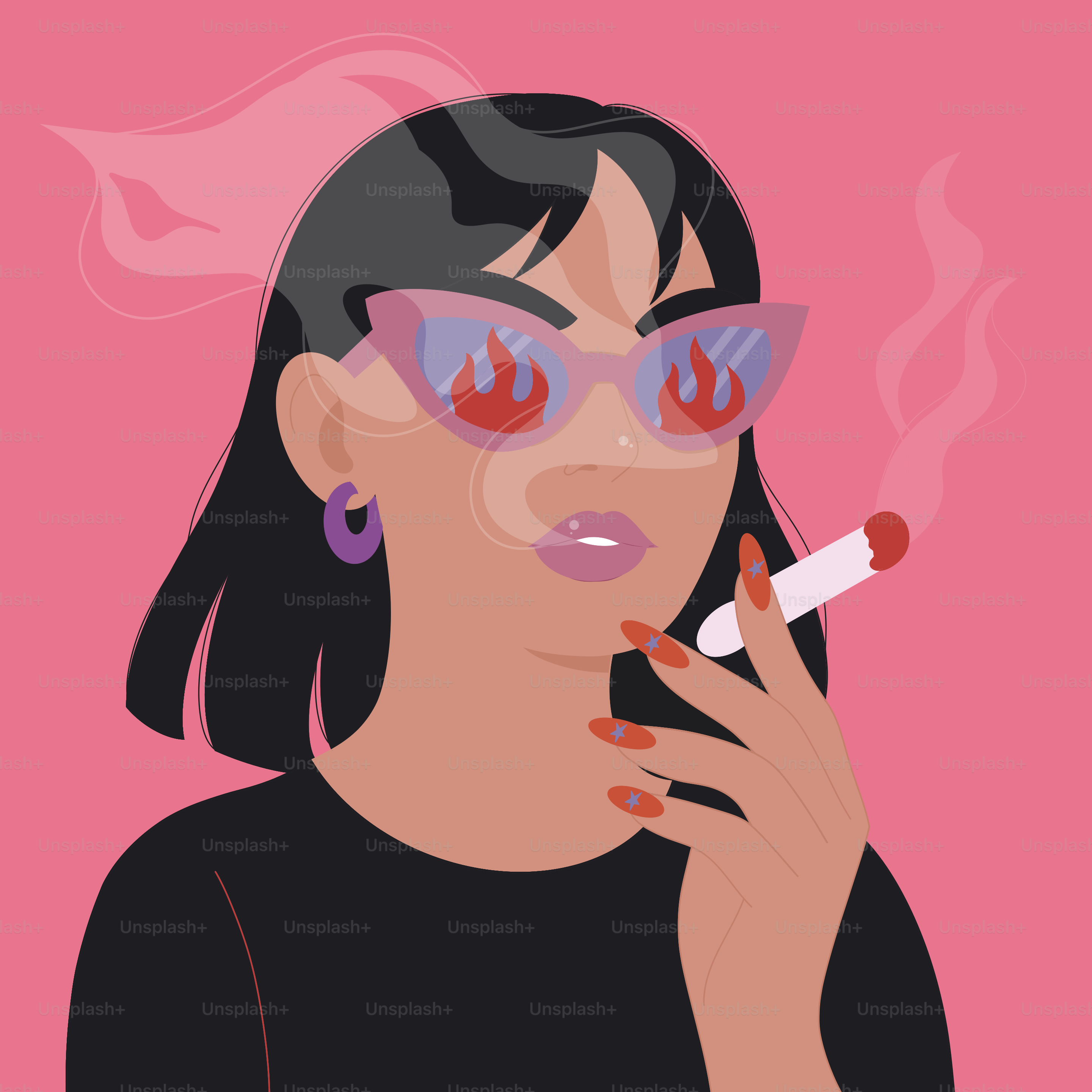 A stylish woman smoking with fire sunglasses.