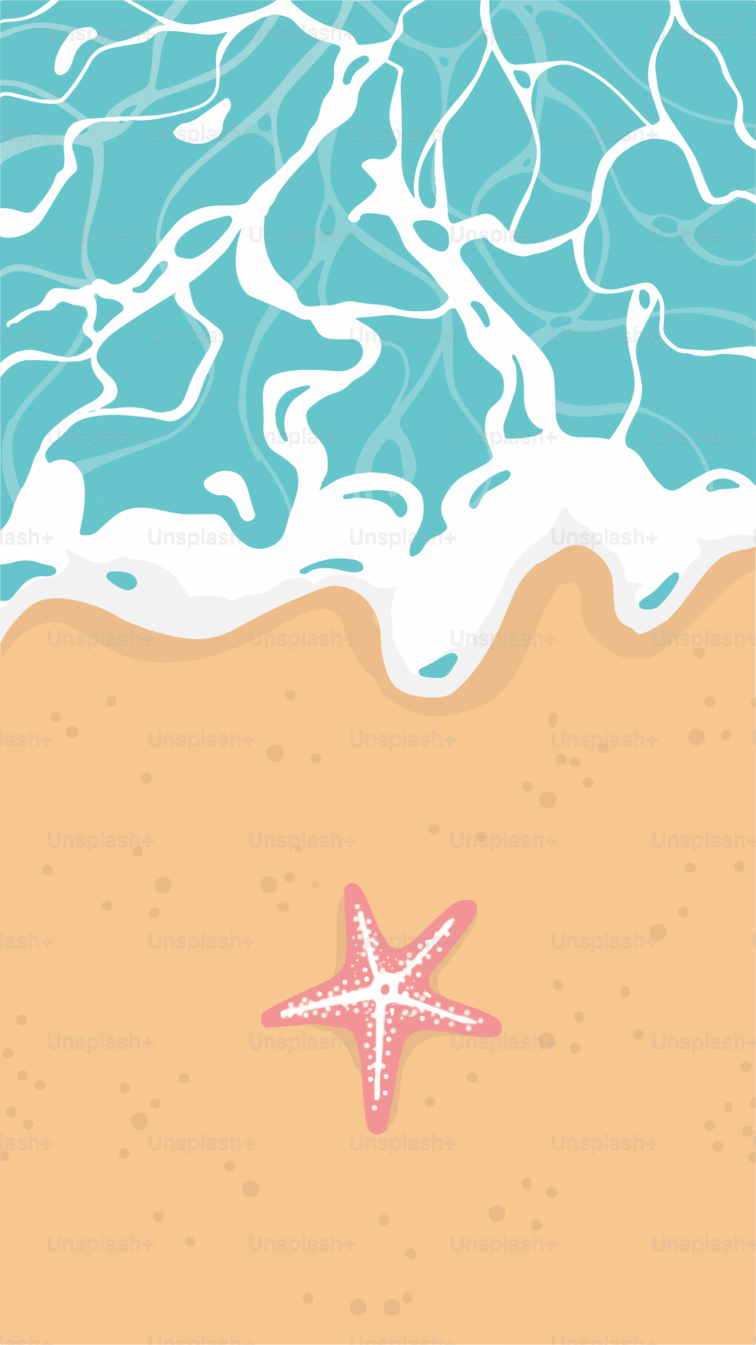 La spiaggia, le onde e una stella marina sono mostrate.