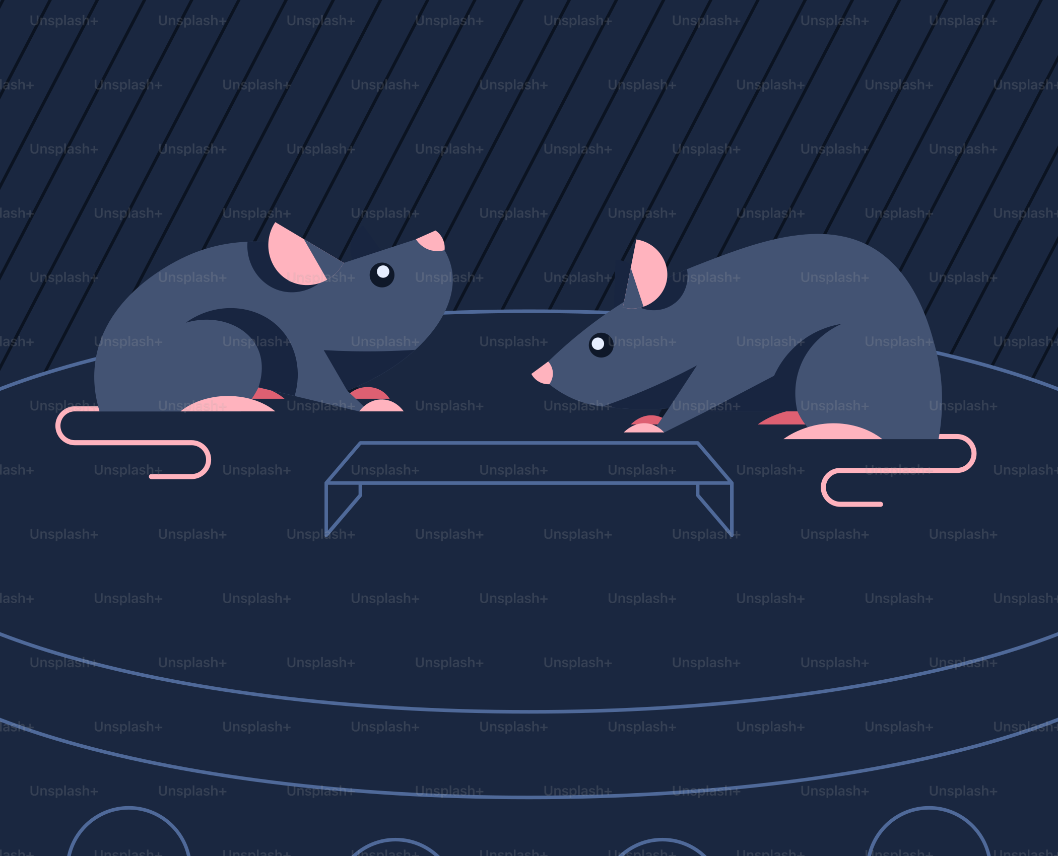 Two cartoon rats face each other on a surface.