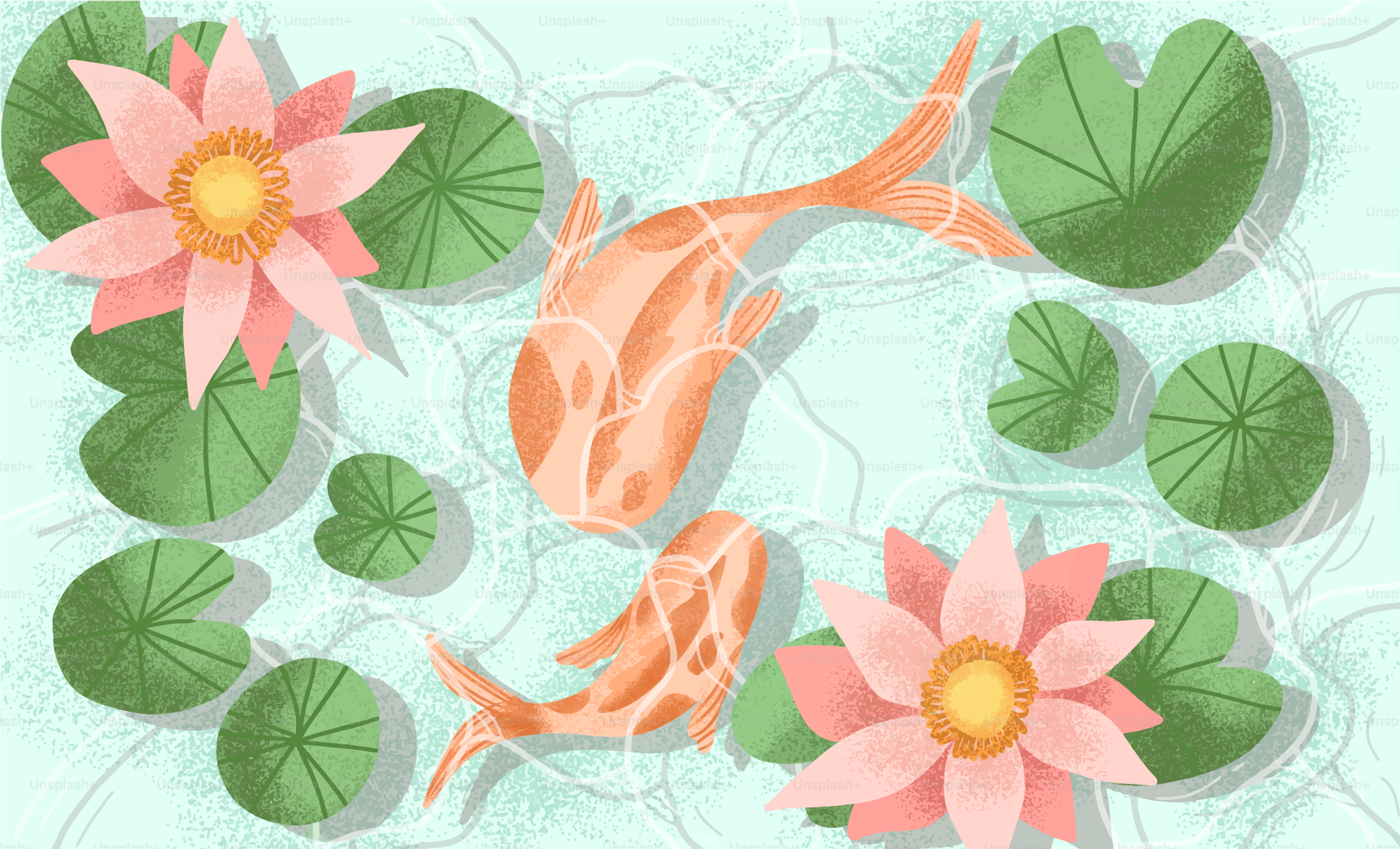 Koi fish swim among lilies in a pond.