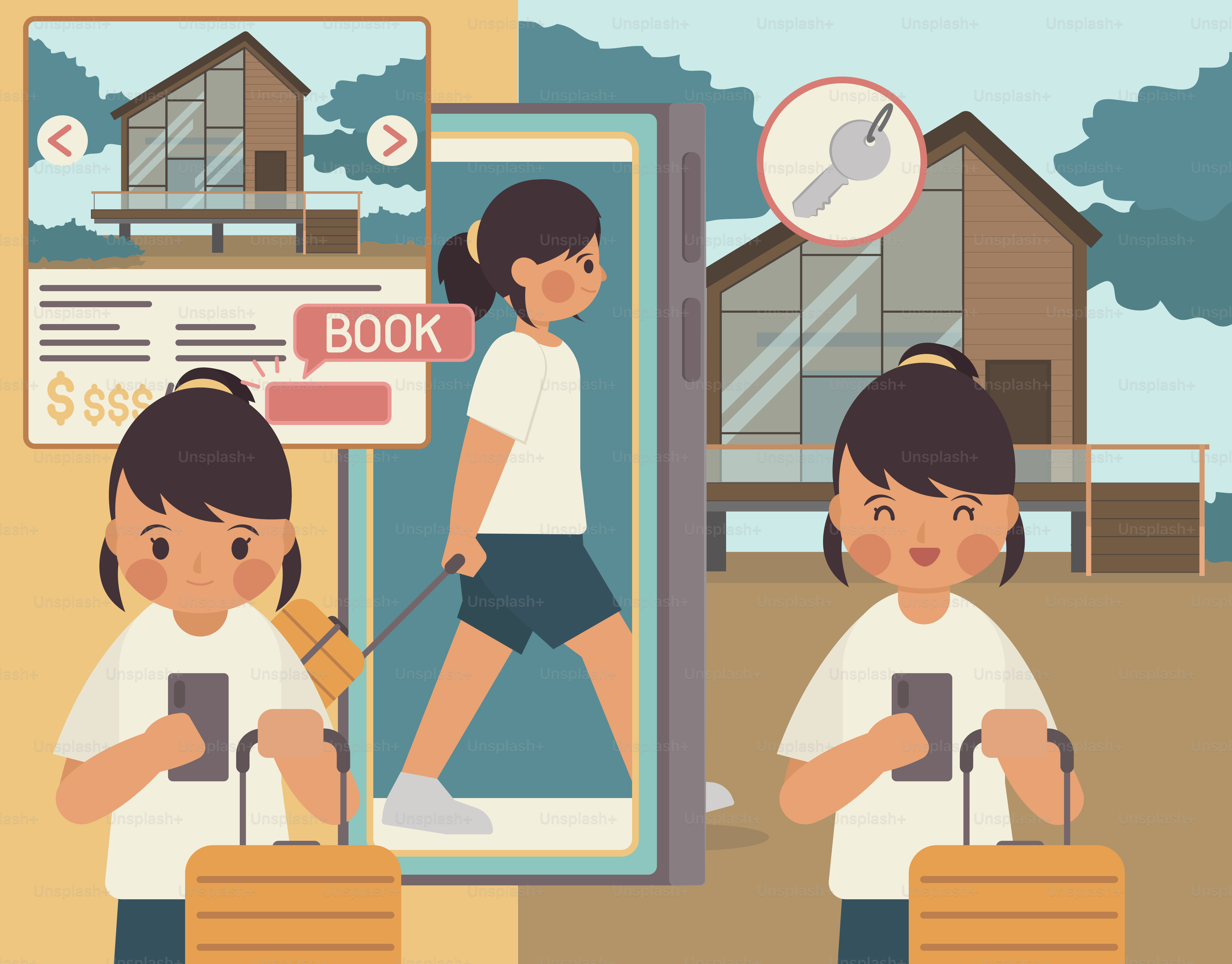 Woman books a cabin using her phone.