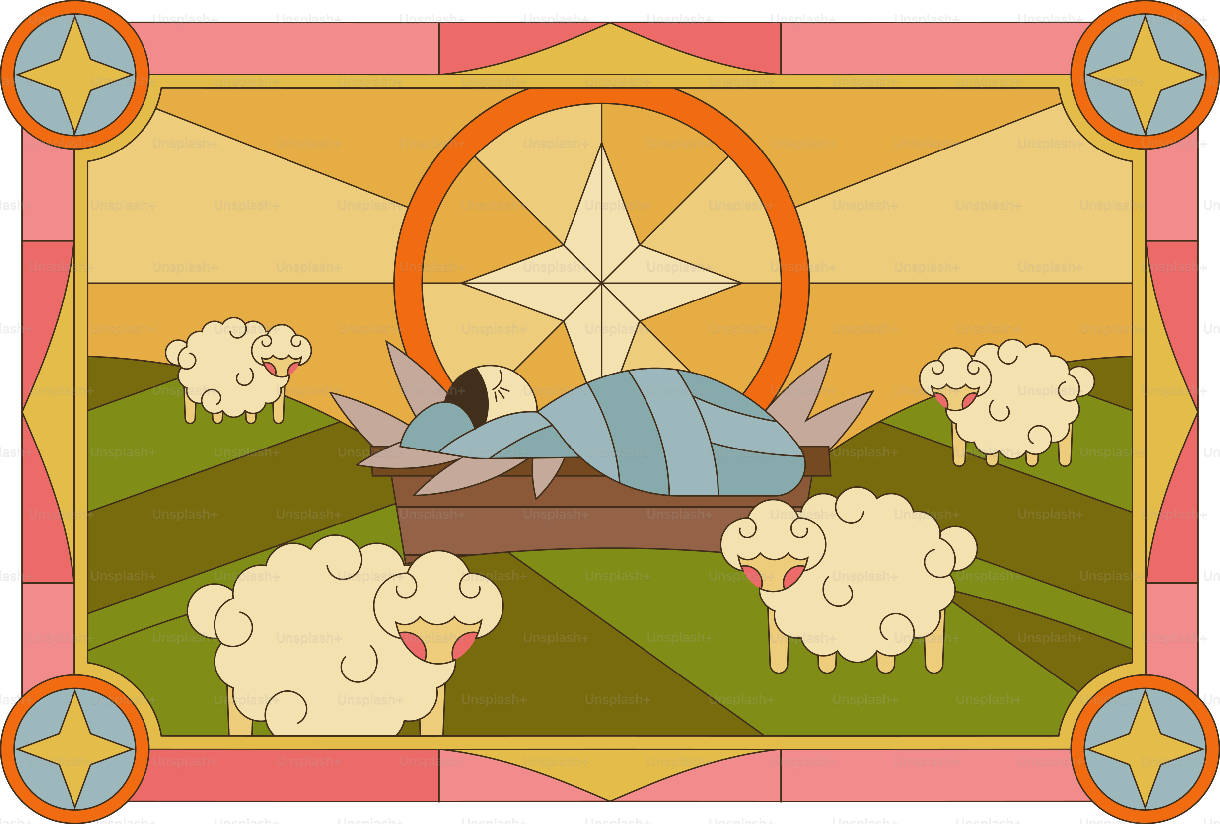 Shepherd's looking at baby jesus in a manger.