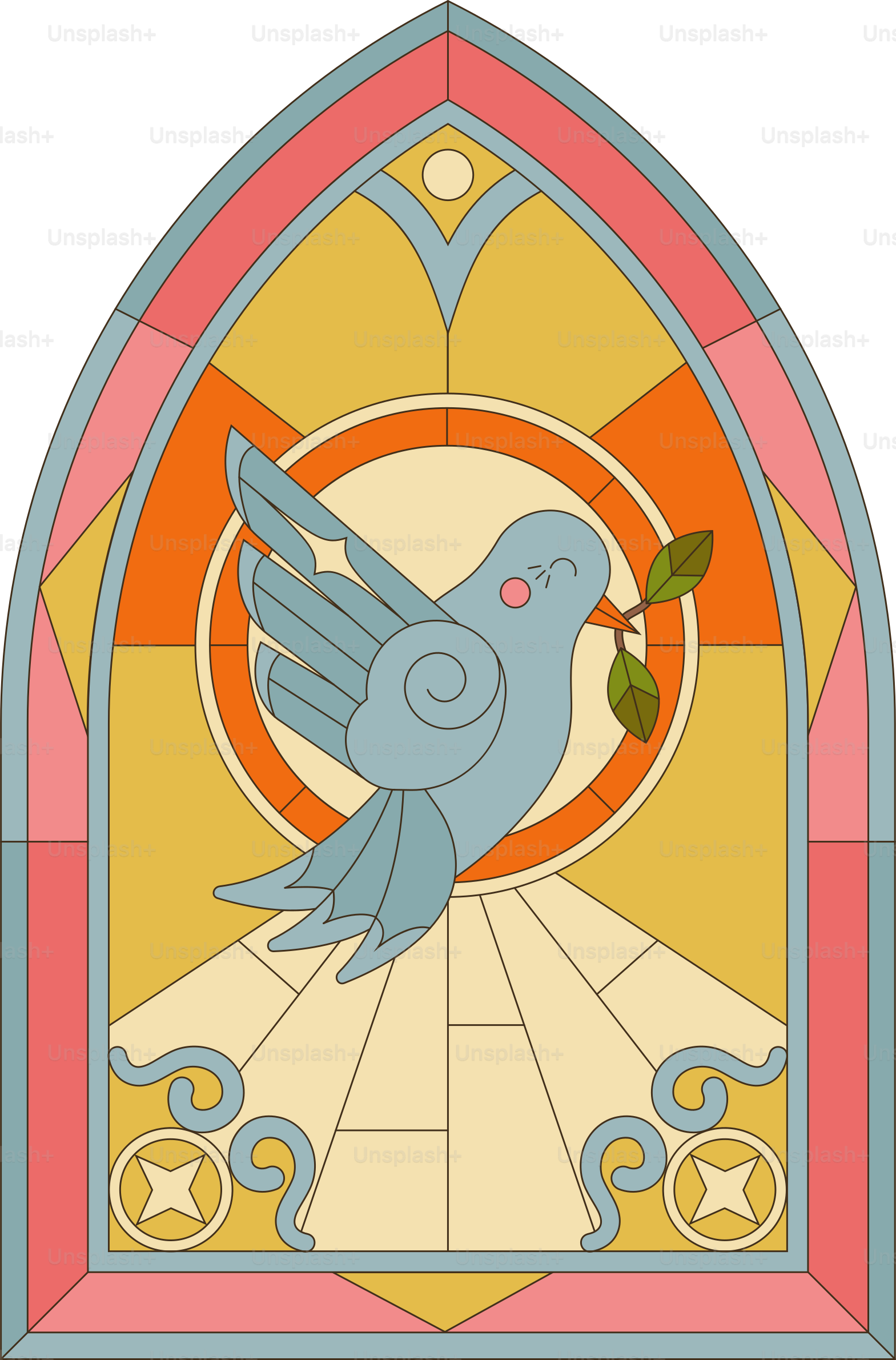 A colorful dove is displayed in stained glass.