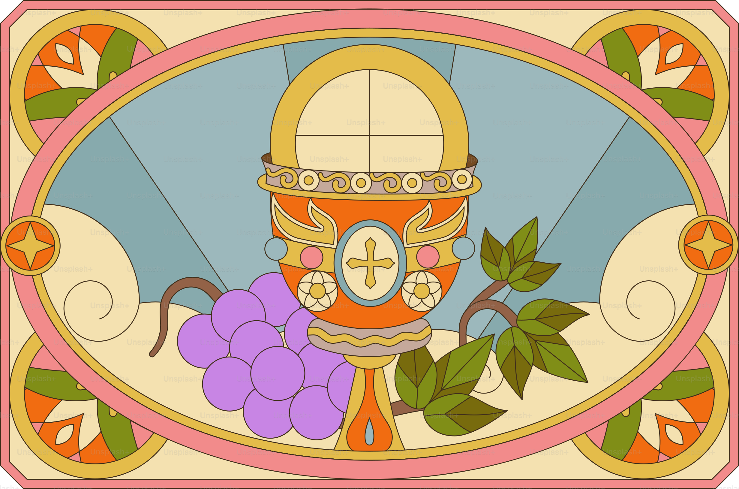 A chalice with grapes and bread is displayed.