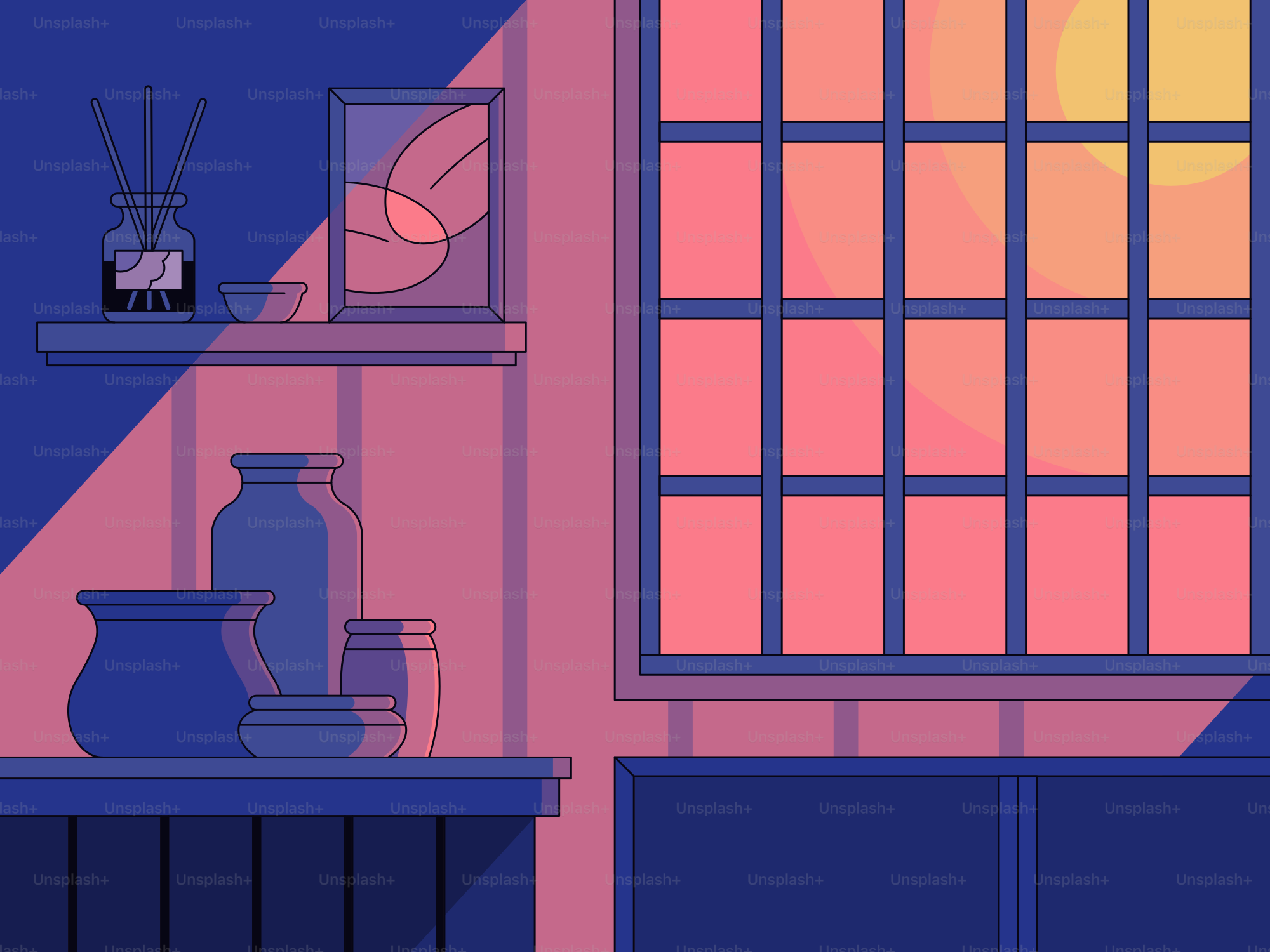 Warm sunlight fills a room with decorative items.