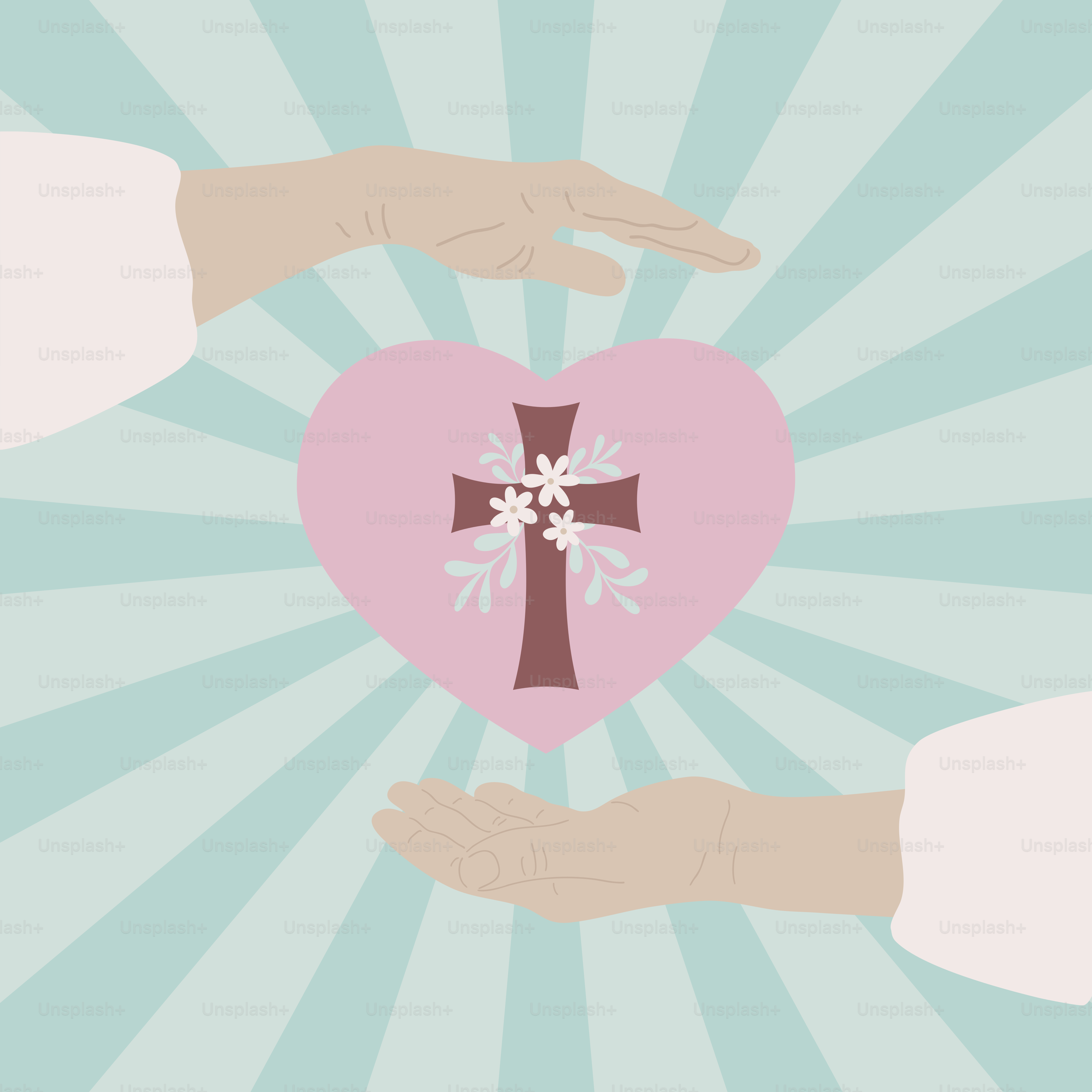 Mãos protegem um coração com uma cruz.