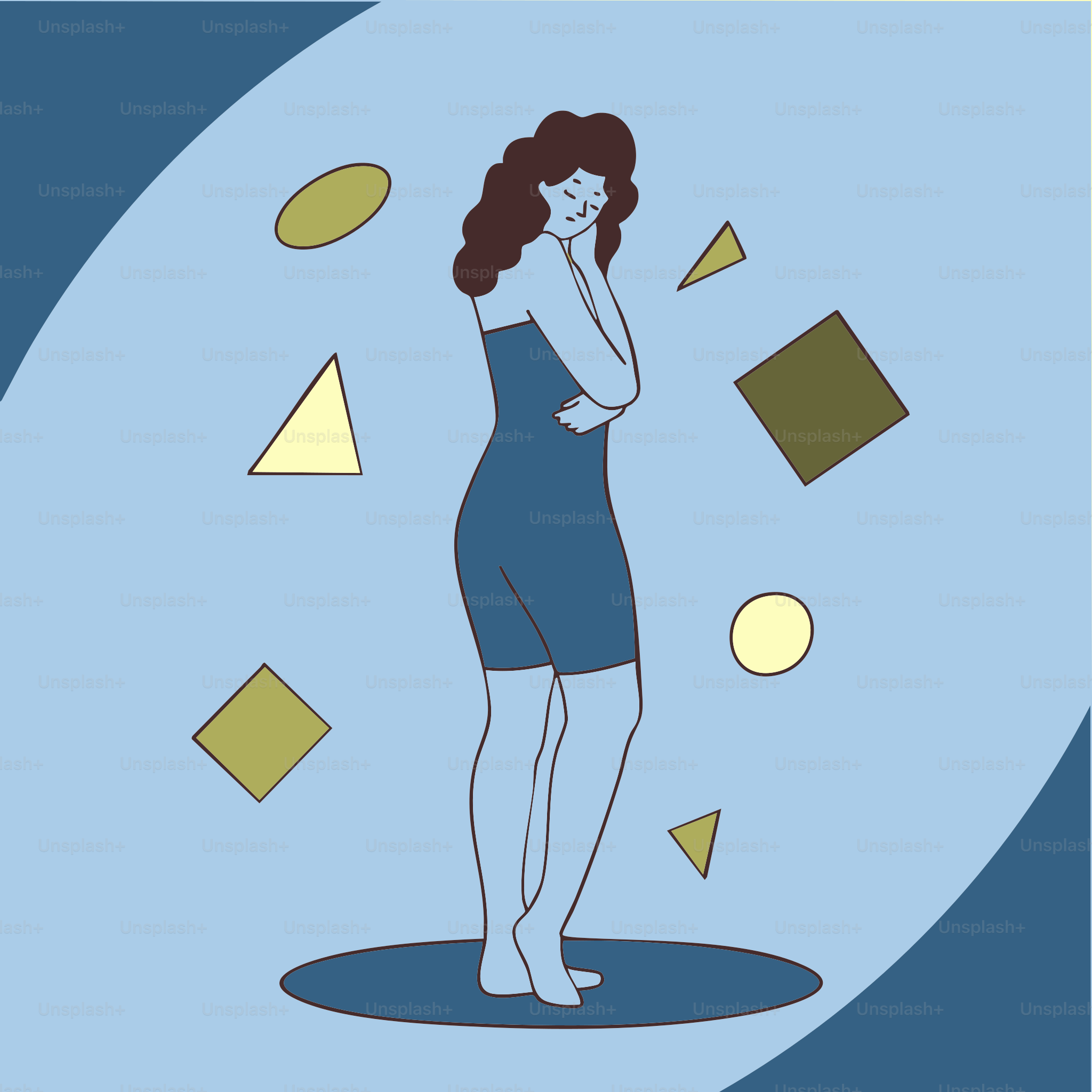 Una donna è persa nei suoi pensieri con forme astratte.