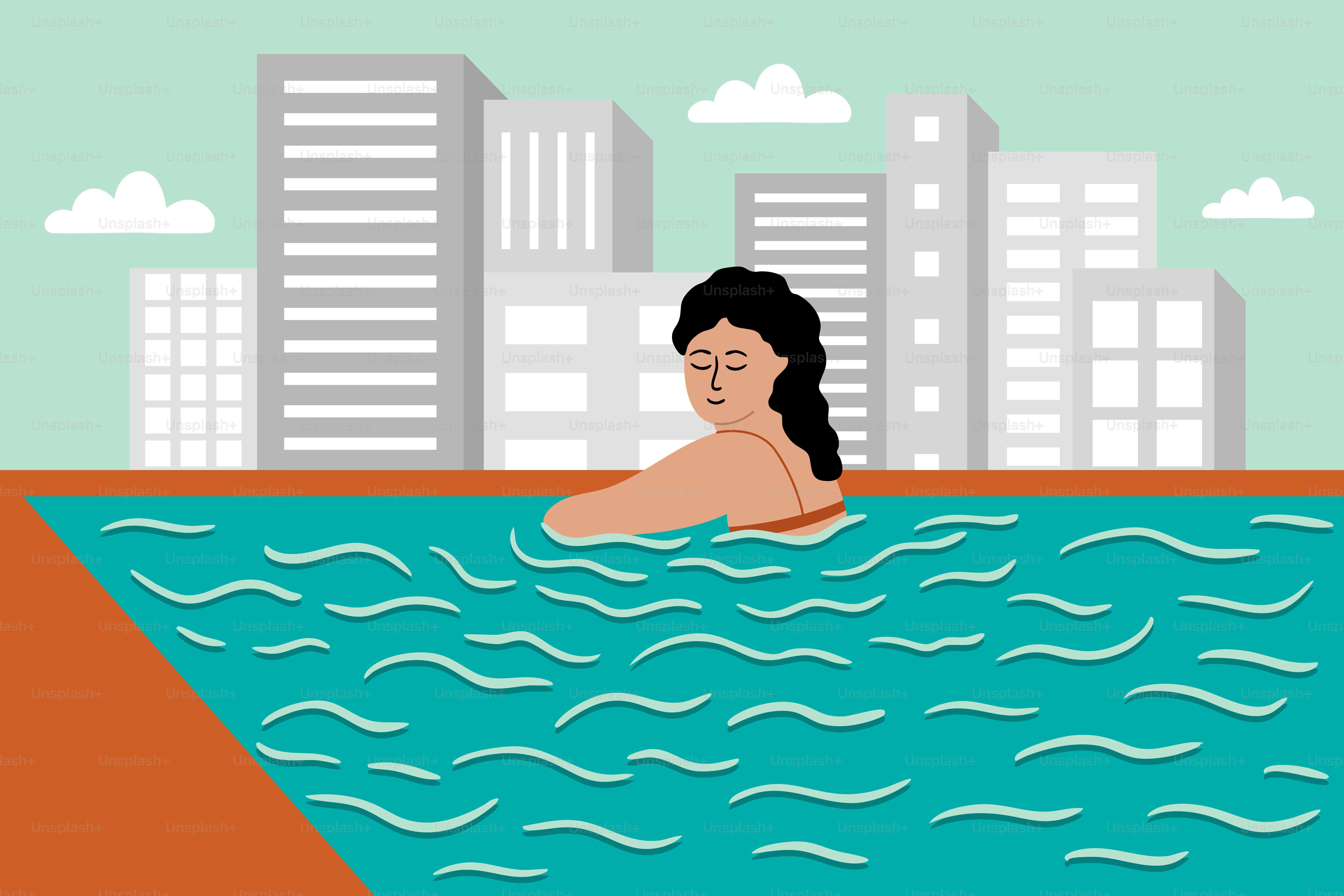 A una mujer le gusta nadar en una piscina en la azotea.