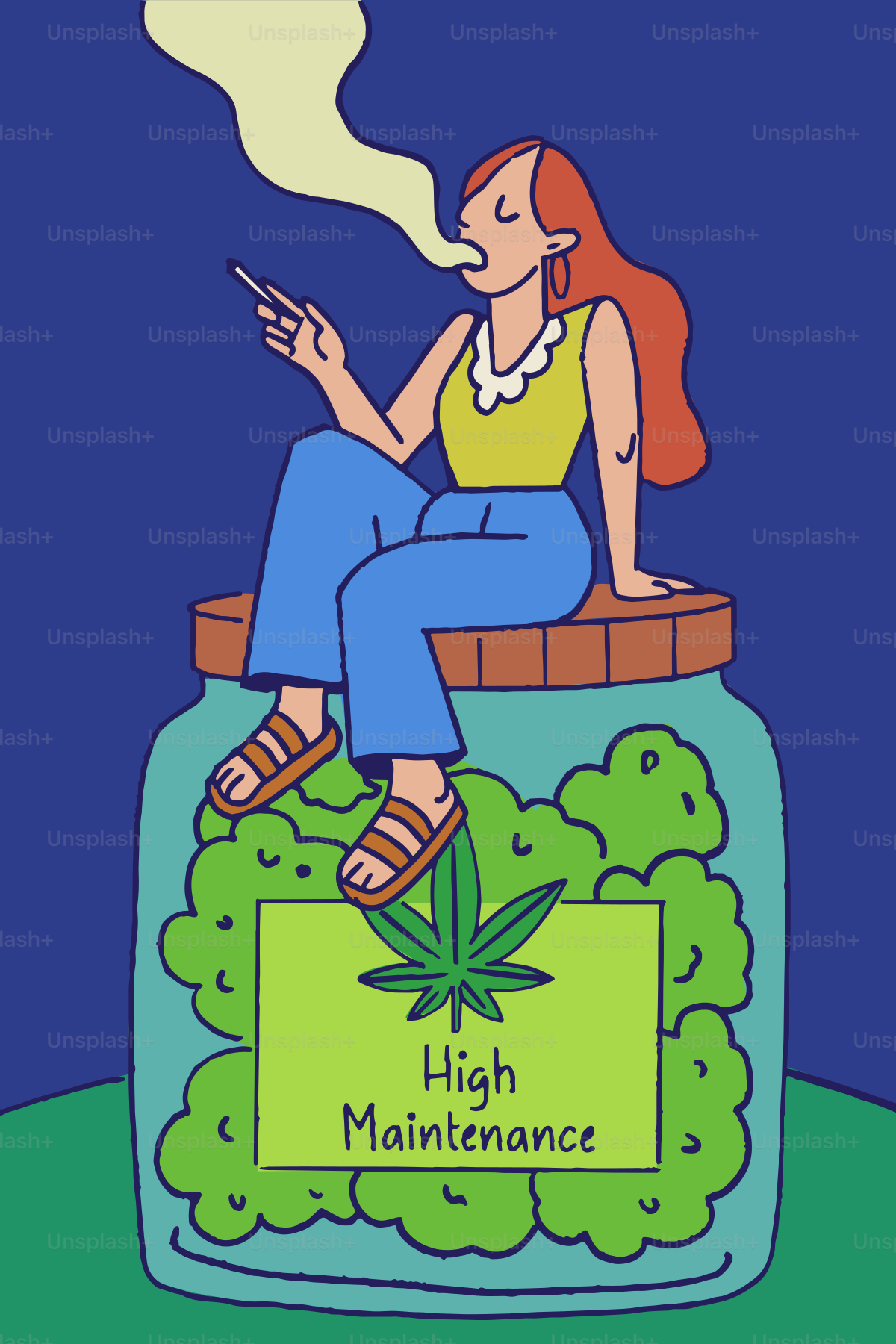 Woman smokes a joint while sitting on a weed jar.