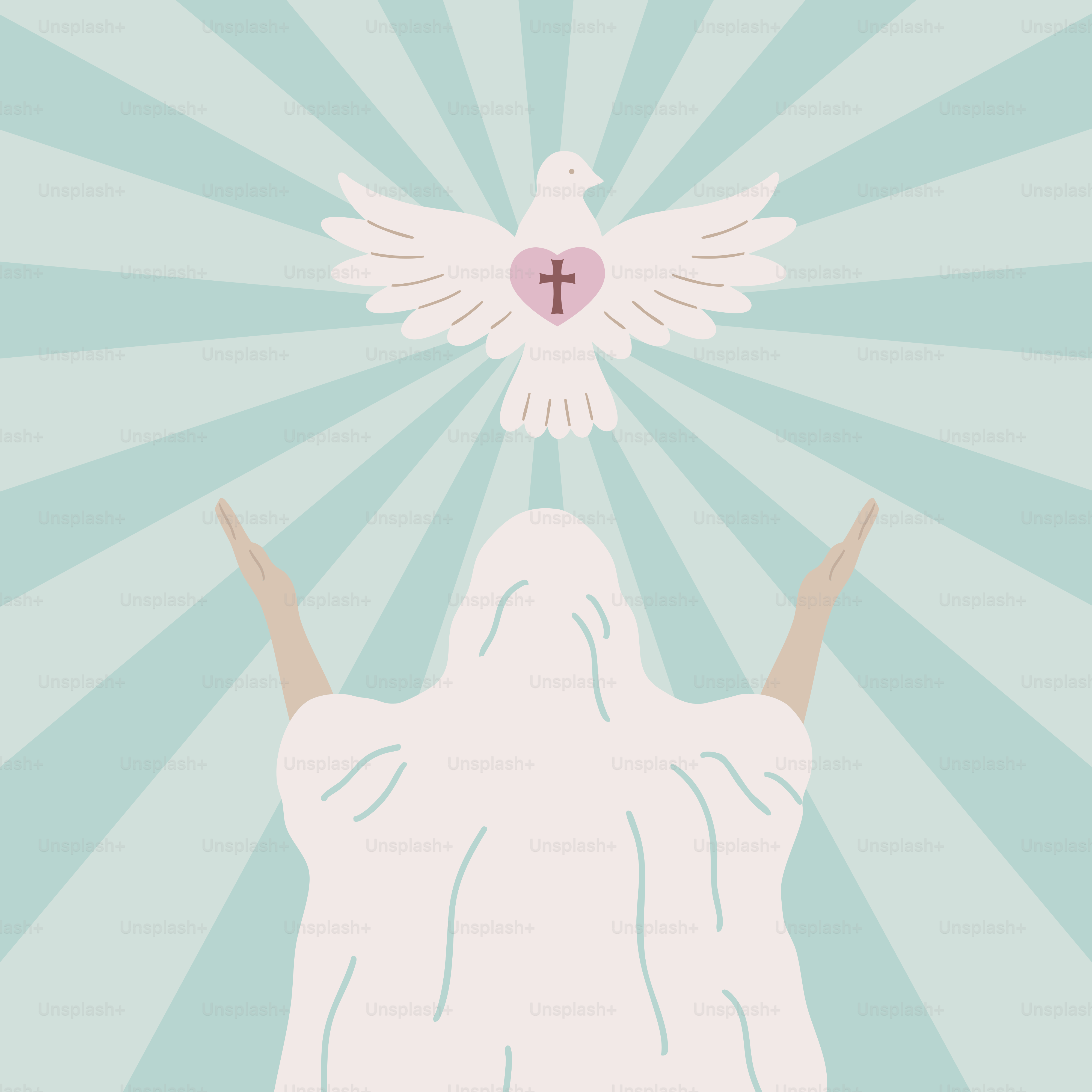 Eine Taube stürzt sich mit offenen Armen auf einen Menschen.