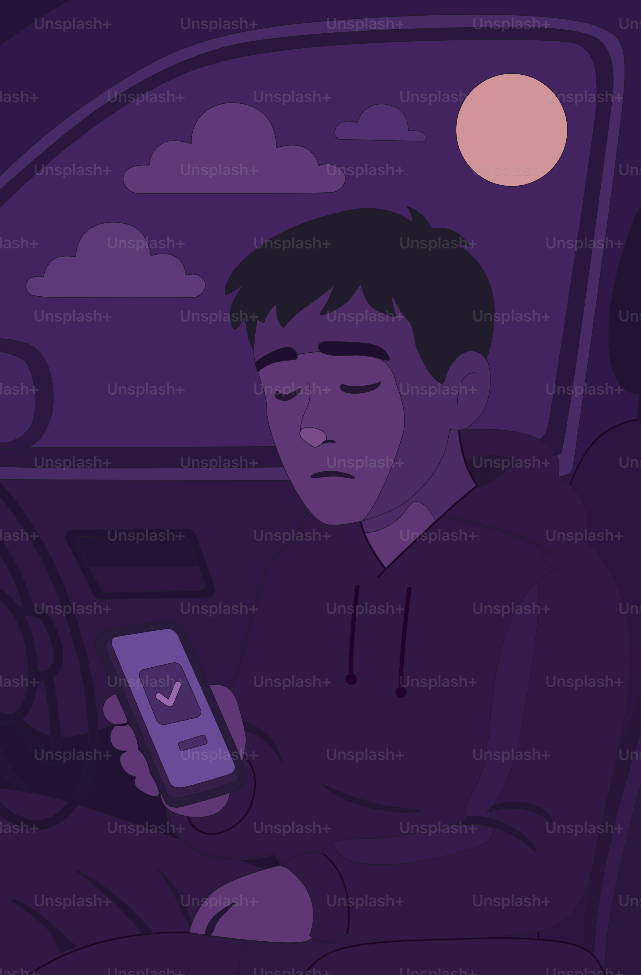 A tired driver is looking at his phone.