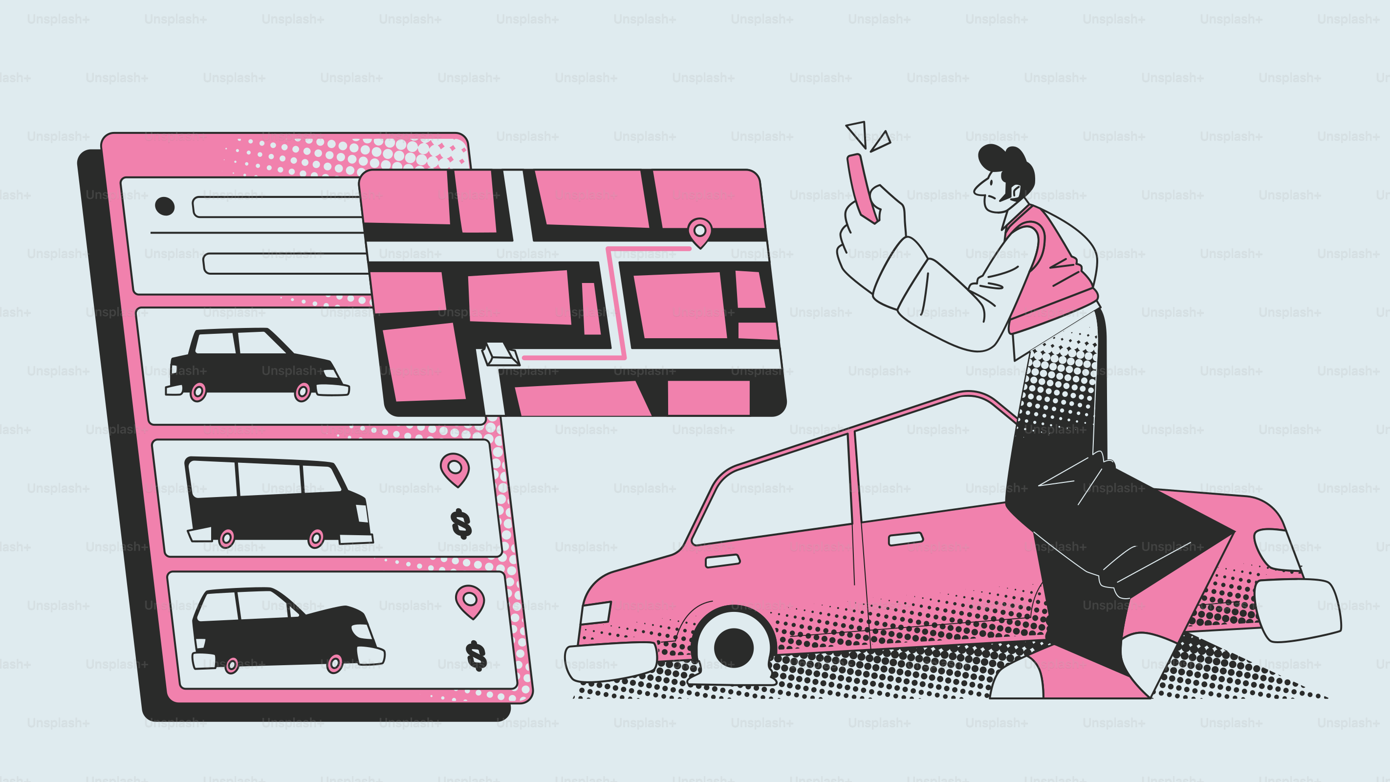 A person uses a ride-sharing app to book a car.