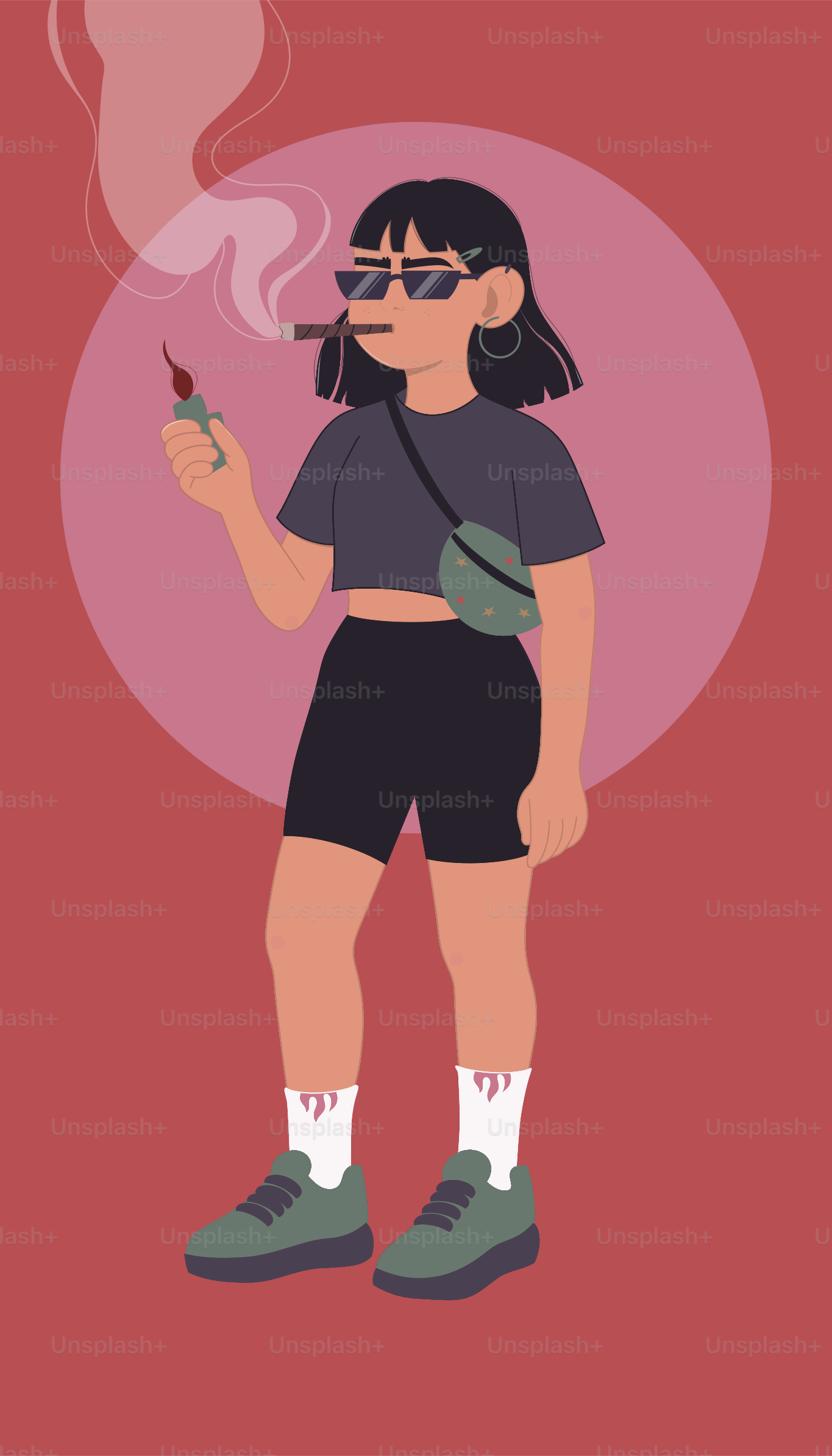 A stylish person lights a cigar with a lighter.