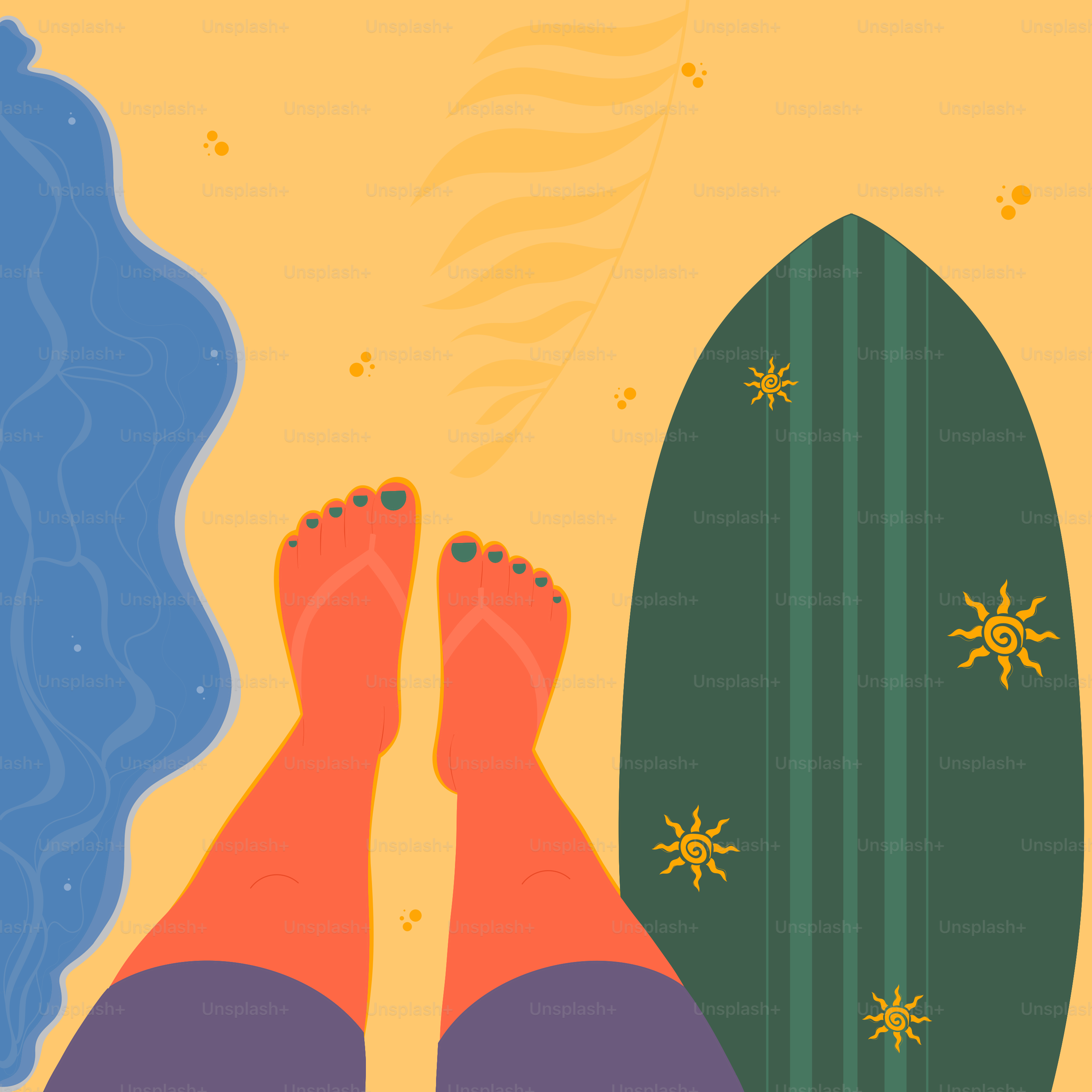 Les pieds, la planche de surf et l’océan sur la plage.