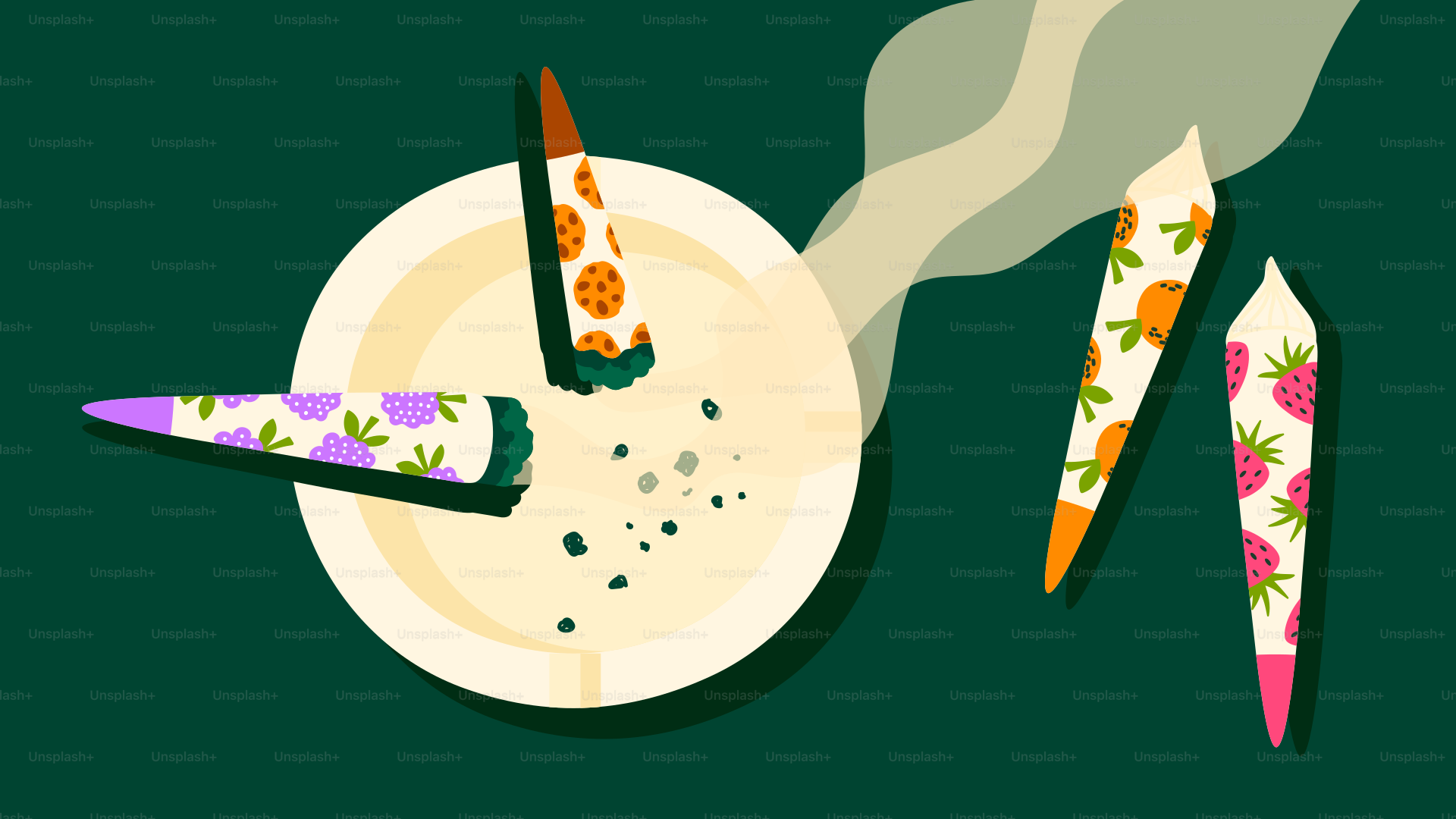 Joints are on a plate with smoke and scattered debris.