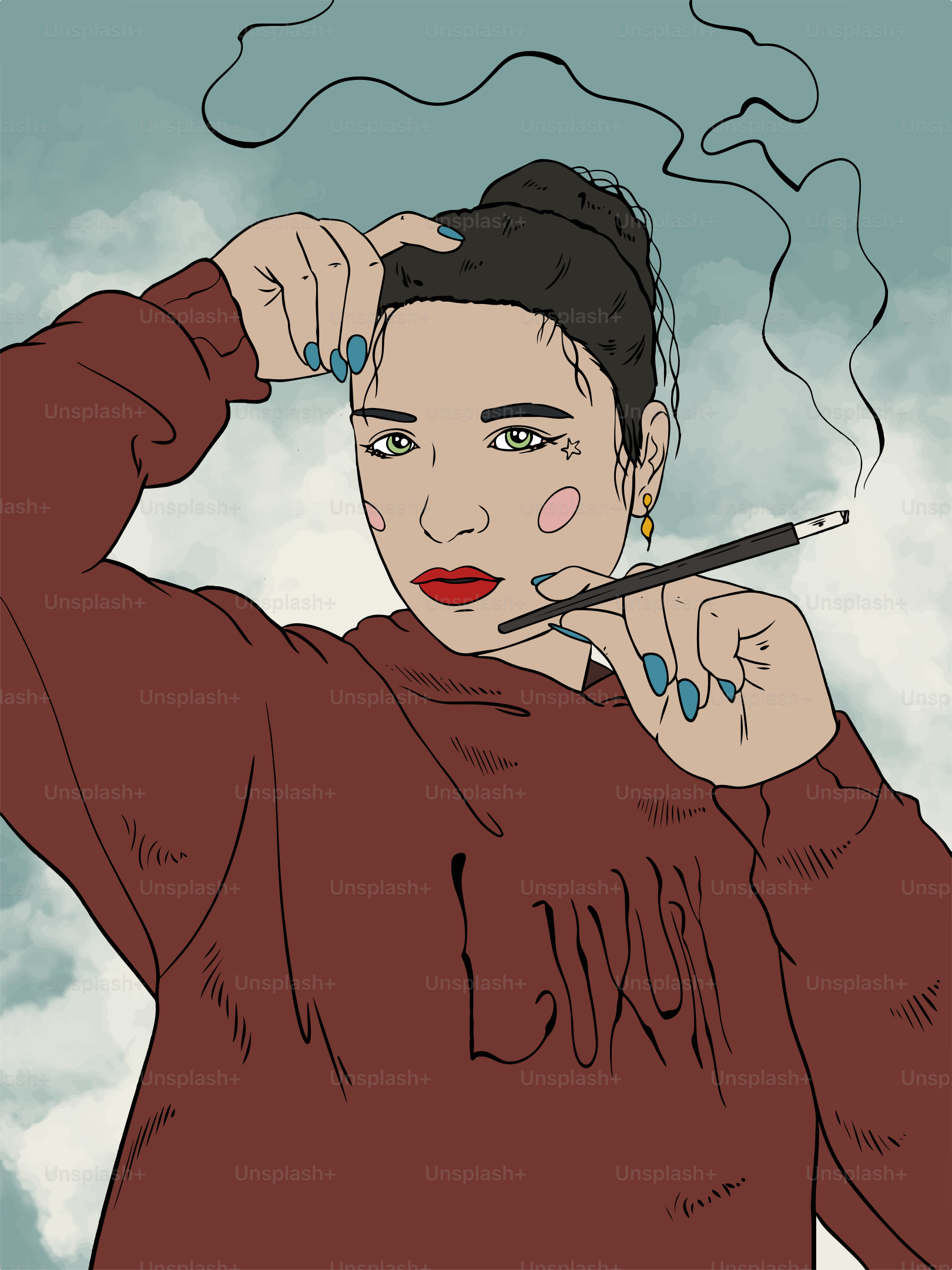 Seorang wanita berpose dengan tempat rokok.